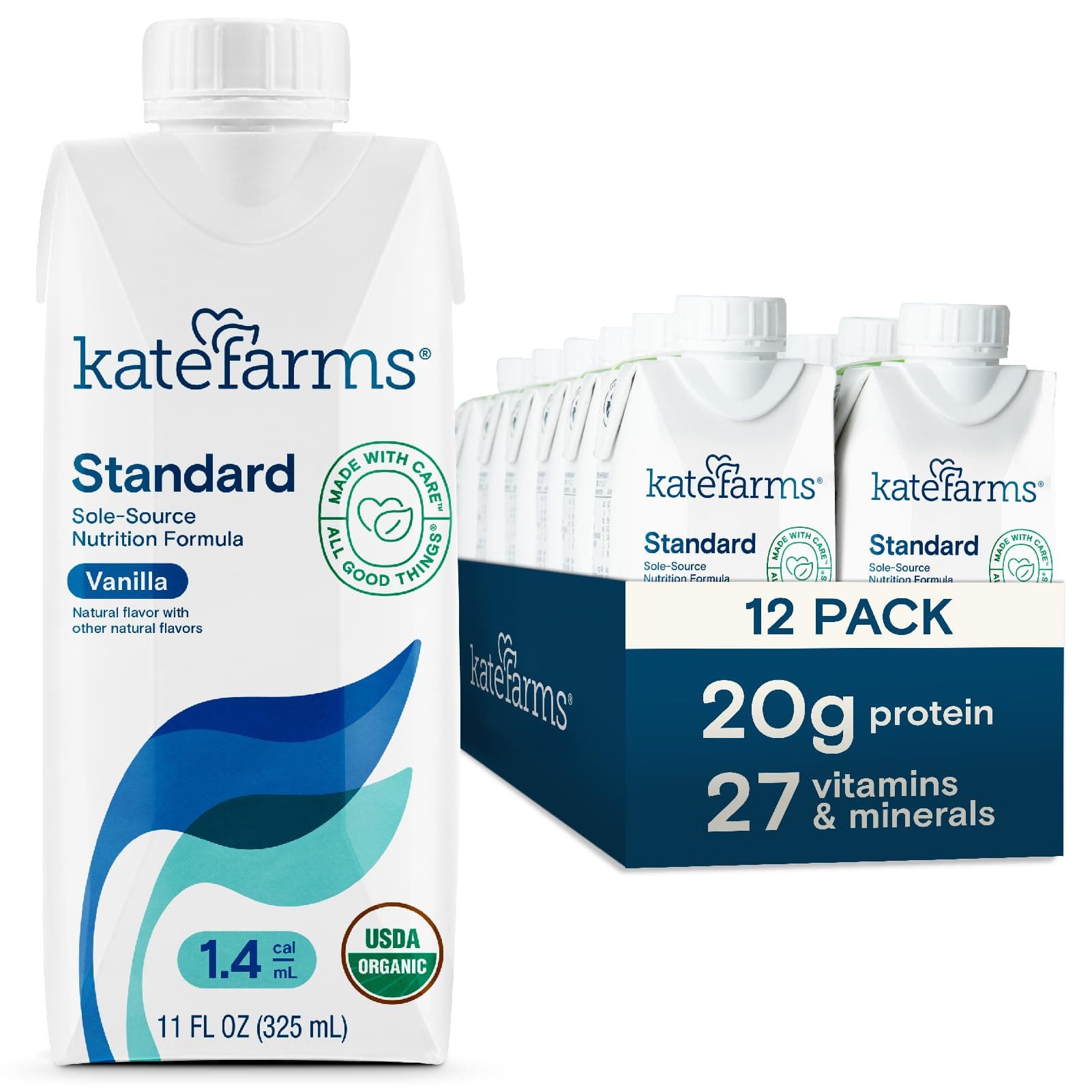 Kate Farms Adult Standard 1.4 Formula, Sole Source Nutrition, Meal-Replacement Shake or Supplemental Drink, Complete Vegan Protein Shake (Vanilla 1.4 cal/mL, Case of 12)