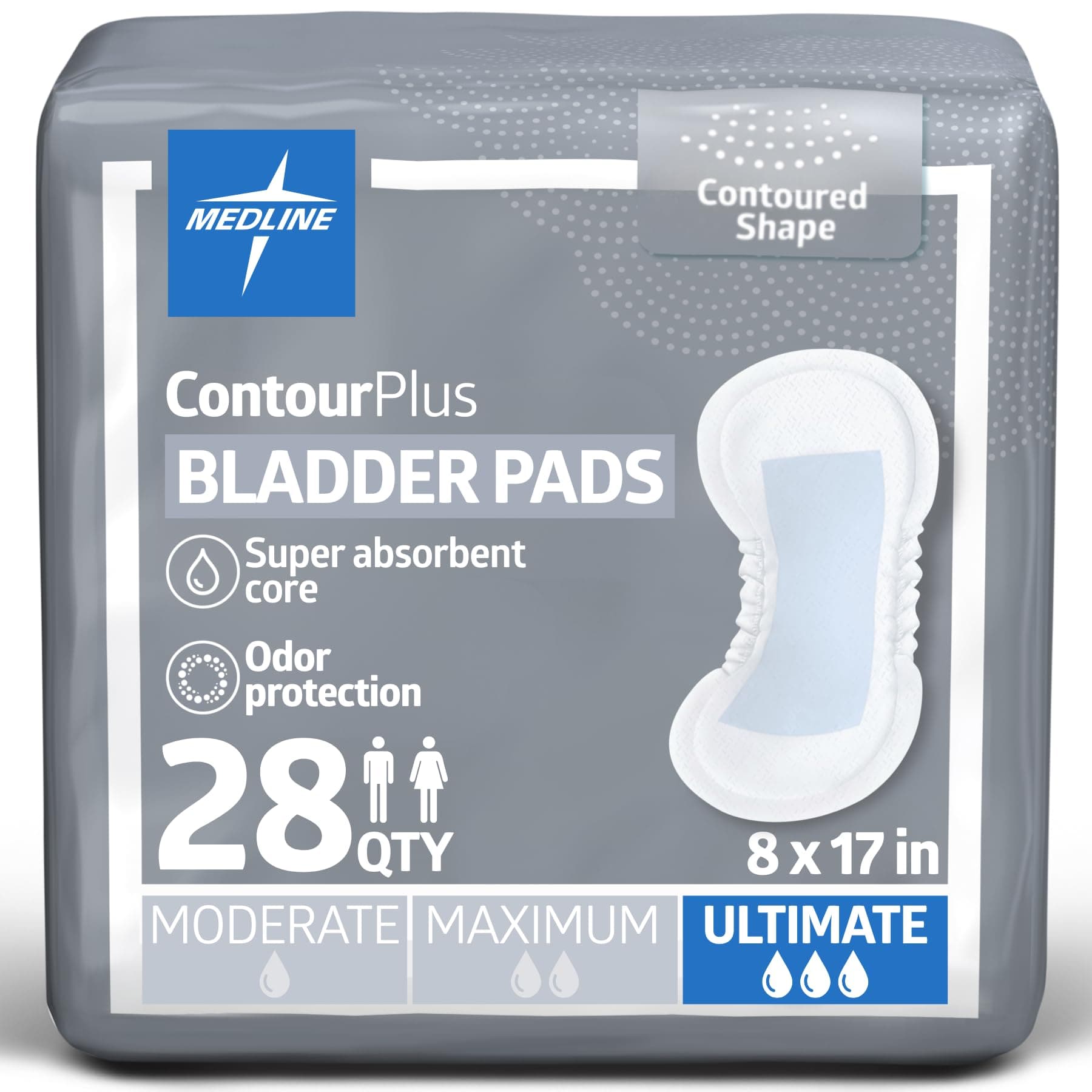 Medline - BCPE03Z Contour Plus Bladder Control Incontinence Pads, Ultimate Absorbency, 8" x 17" (Pack of 28) - Packaging May Vary
