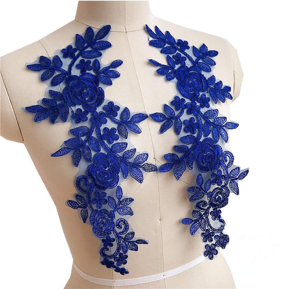 2 Pcs Car Bone Sequin Embroidery Flower Patches Handmade DIY Applique Wedding Dress Headwear Bride Clothing Accessories Lace Patch (Dark Blue)