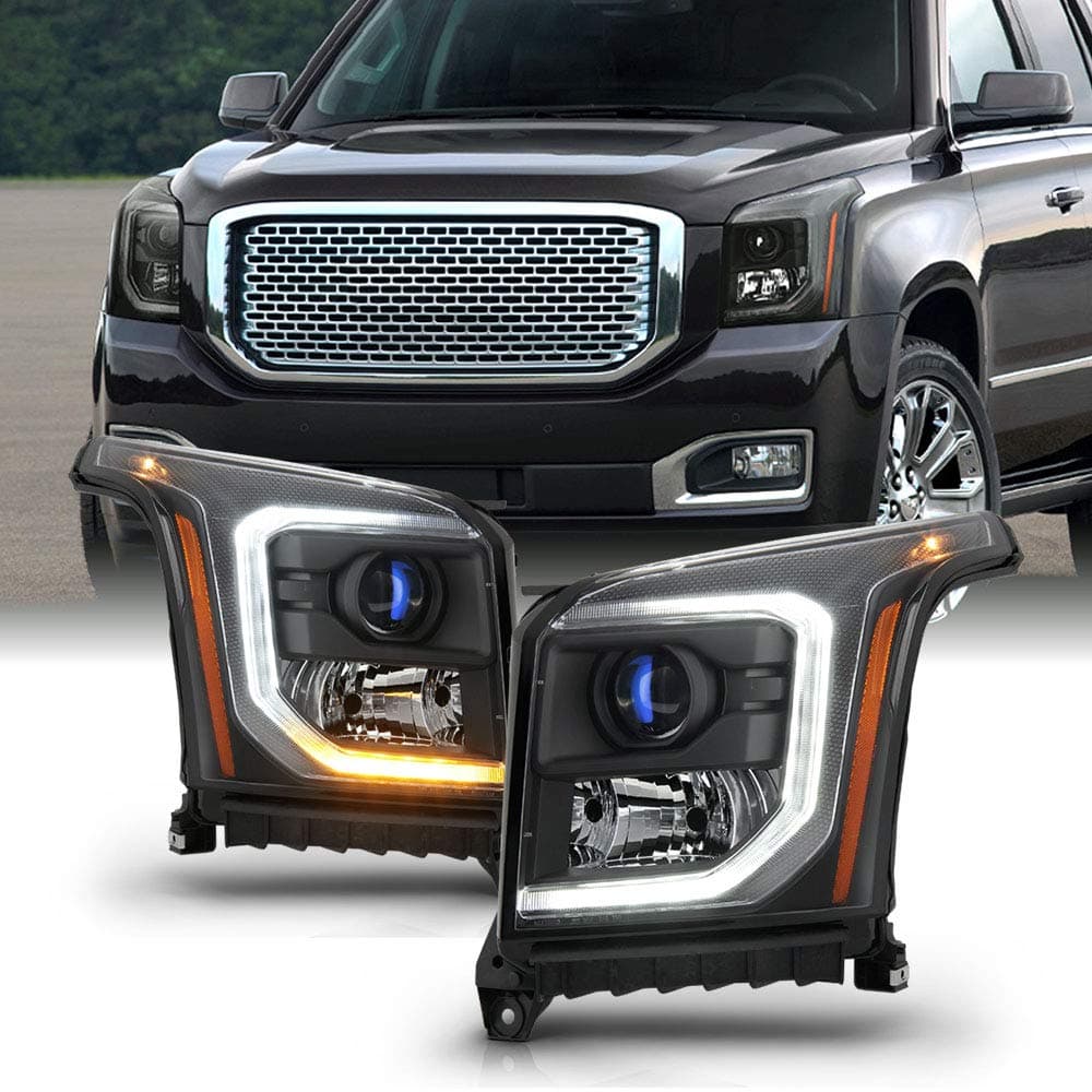 ACANII - For [Halogen Model] 2015-2020 GMC Yukon | Yukon XL SLT|SLE Black LED DRL Projector Headlights Headlamps Pair