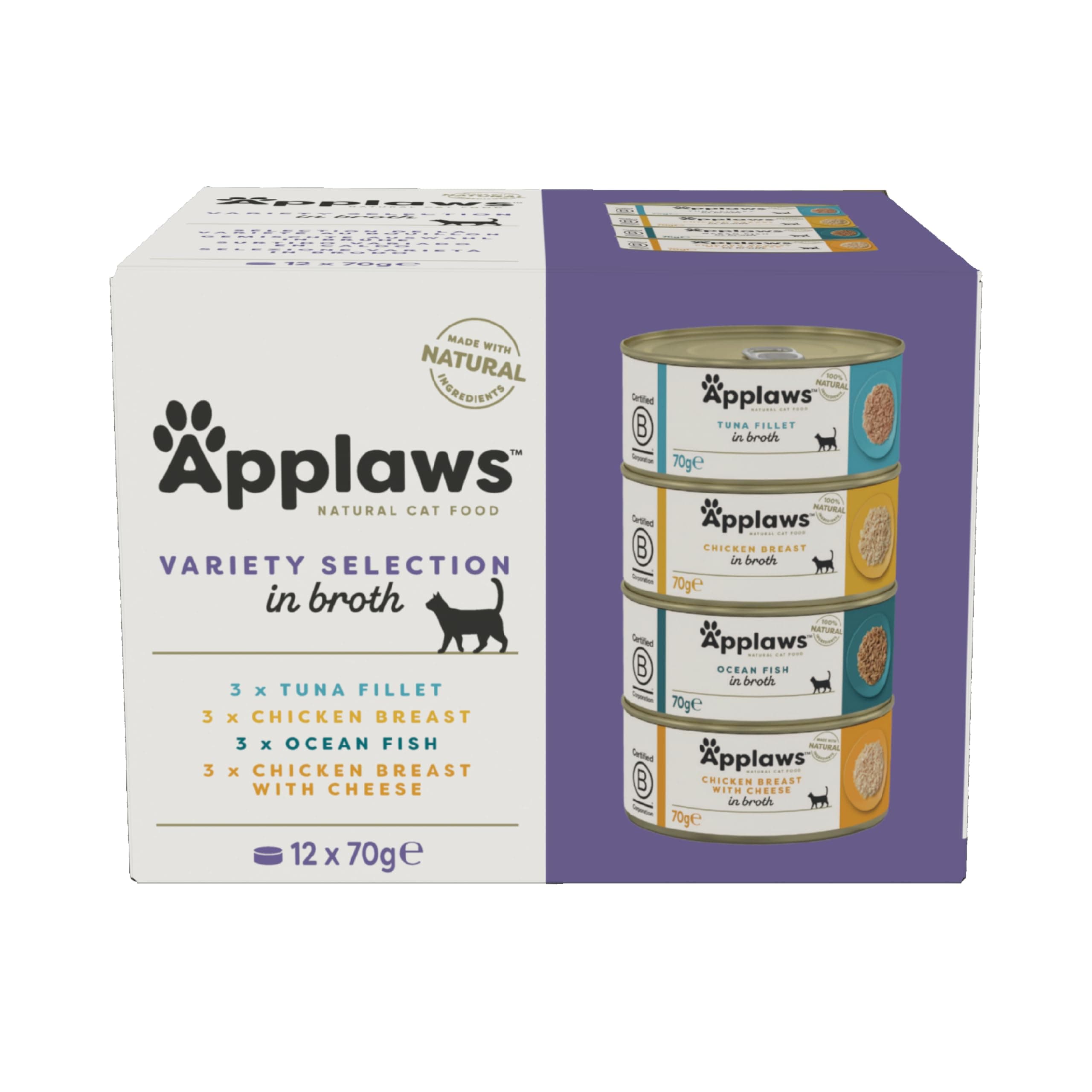 Applaws 100% Natural Adult Wet Cat Food, 12x70g Tins, Multipack Fish and Chicken Mixed Selection in Broth 70g Can