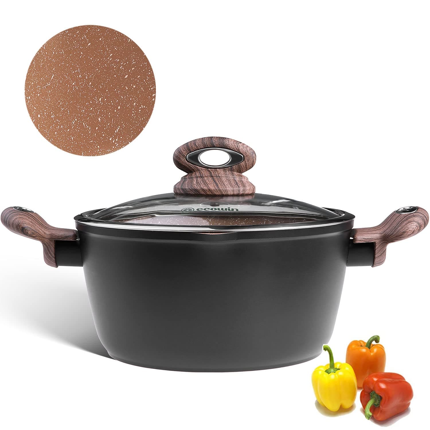 Ecowin 5 Quart Stock Pot with Lid, Granite Soup Pot, Nonstick Induction Pasta Pot Stew Cooking Pot, Casserole with Double Handles, All Stove Compatible, Dishwasher and Oven Safe, PFOA Free