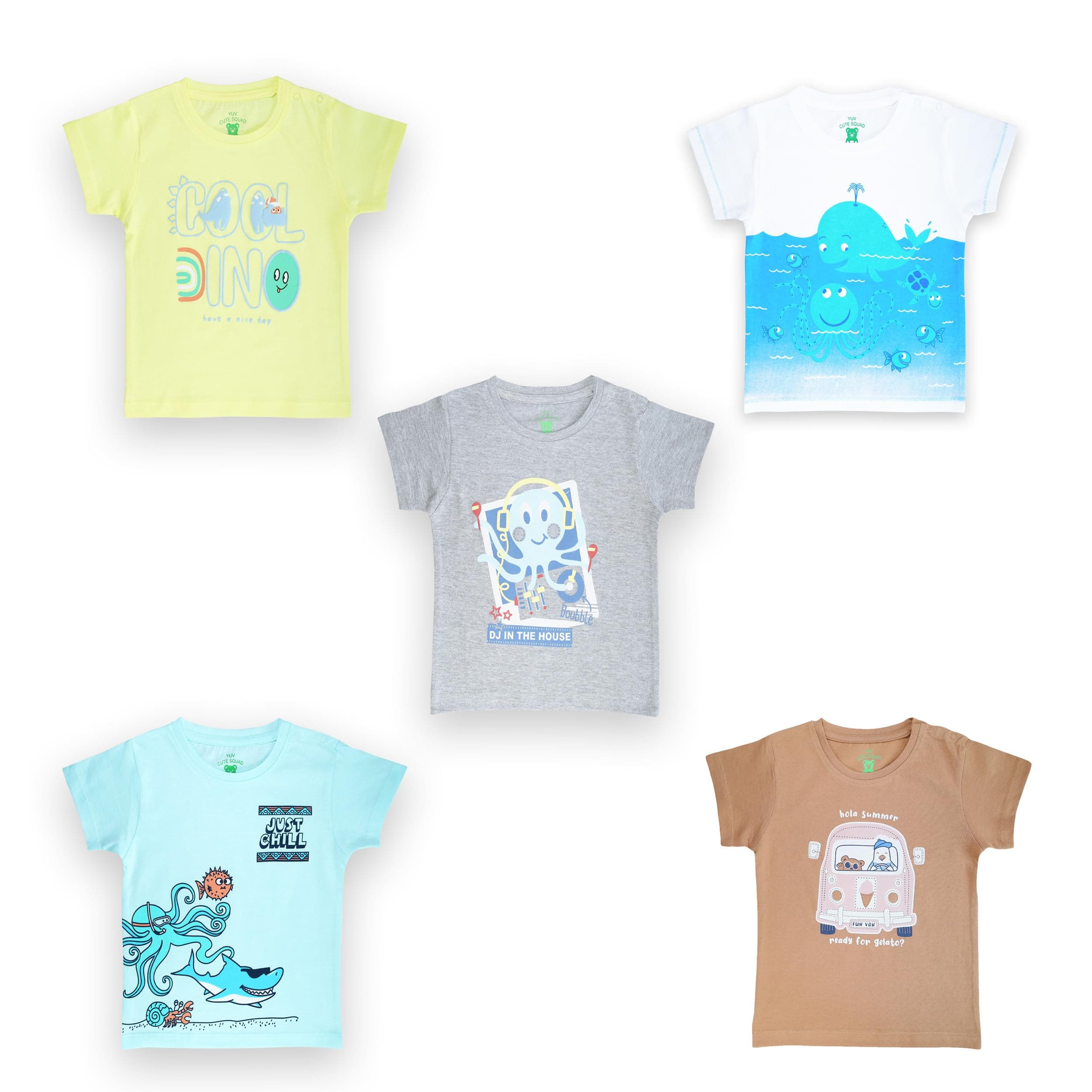 Infant Baby Boys & Girls 100% Cotton Printed Multicolor Half Sleeve T Shirts - 0 to 24 Months Babies, Pack of 5