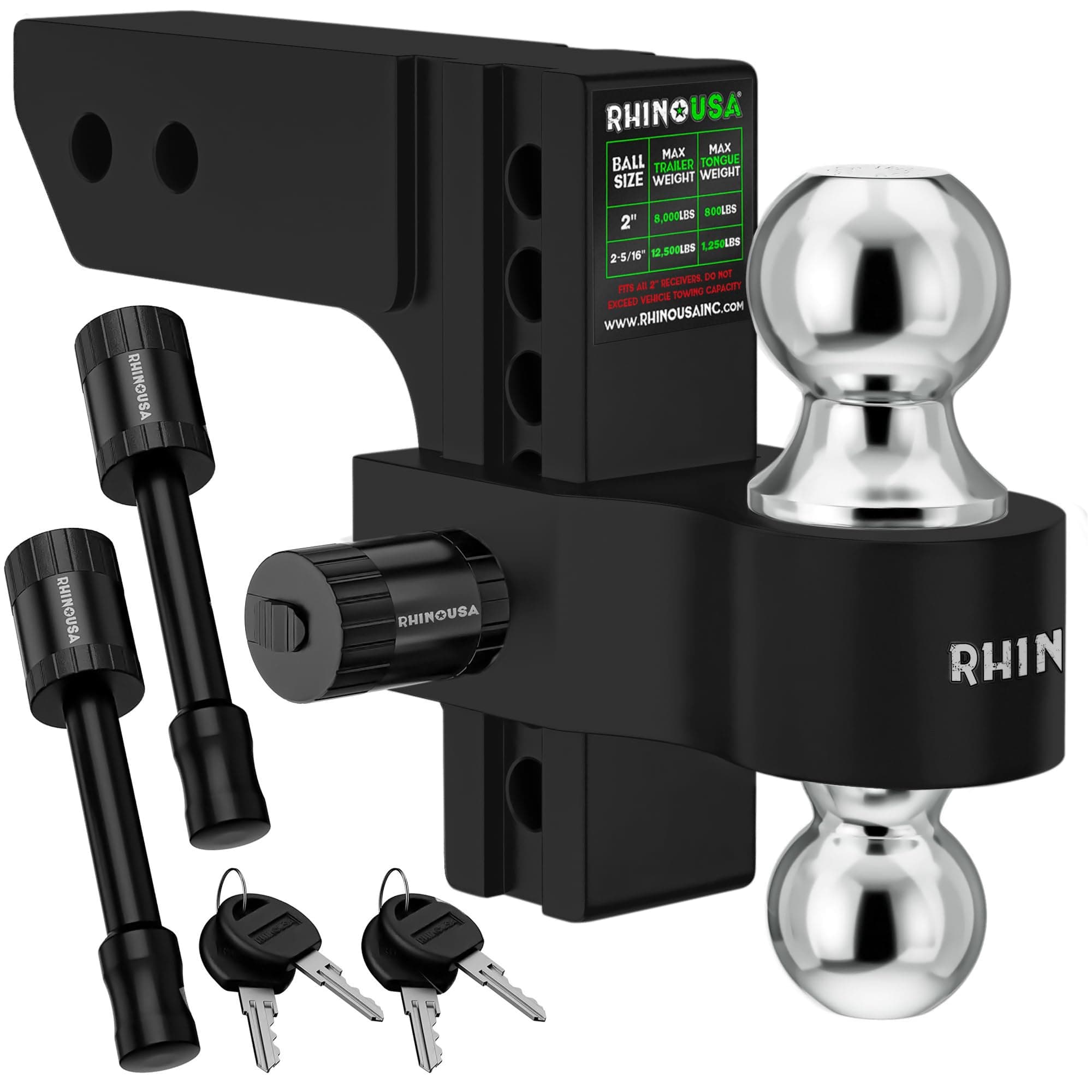 Rhino USA Adjustable Trailer Hitch (Fits 2-Inch Receiver) - Heavy Duty Aluminum Tow Hitches with 6-Inch Drop/Rise for Truck (12,500 LBS GTW) - Weatherproof Double Anti-Theft Locking Hitch Pins (Black)