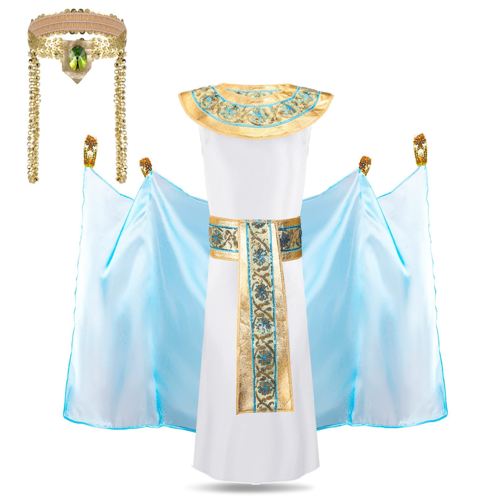 Sintege Egyptian Costumes for Girls Cleopatra Costume Accessories Kit Ancient Egyptian Costume for Kids Fancy Blue Dress Mardi Gras Masquerade Party Cosplay Costume for Children, 6 to 8 Years
