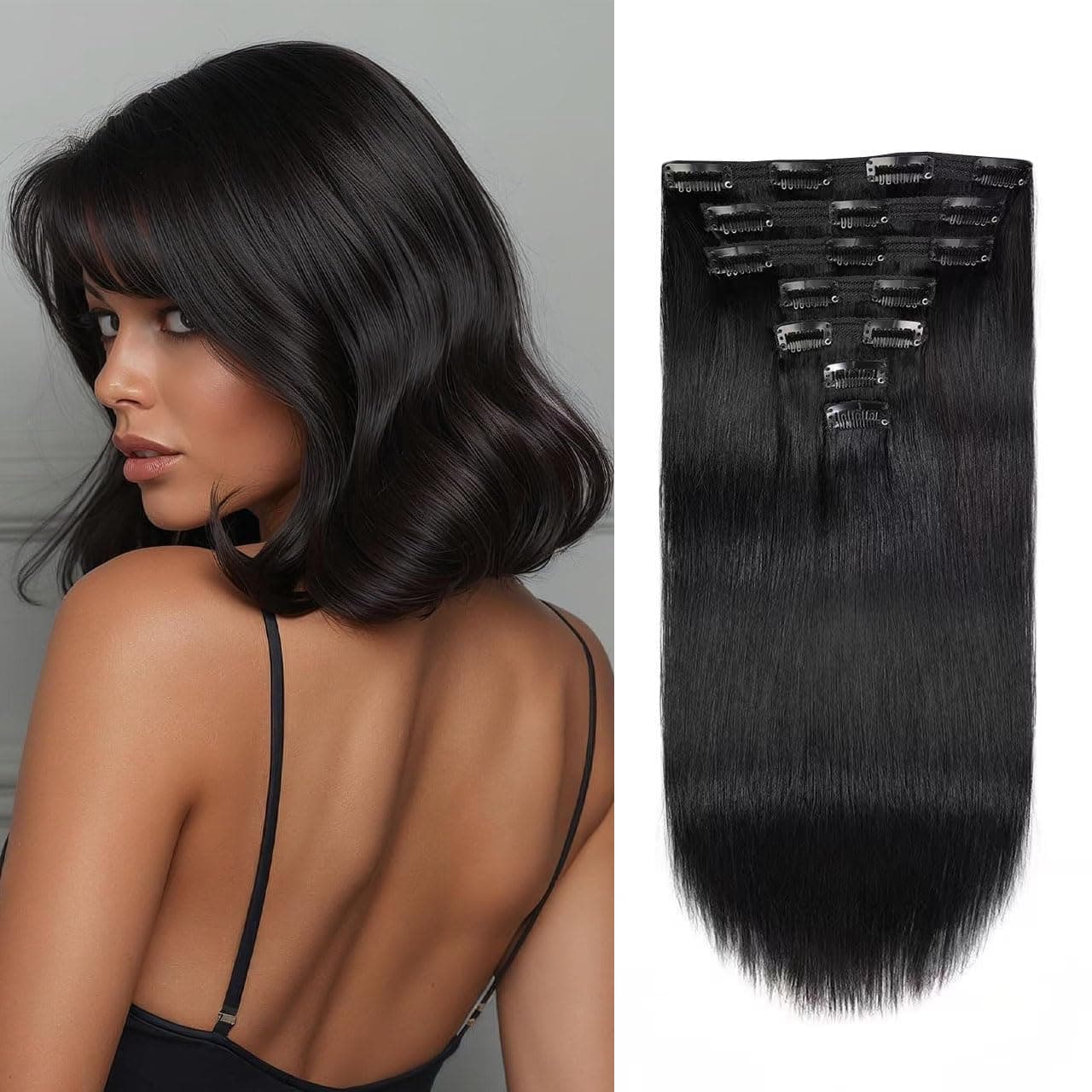 JIAMEISI Clip In Human Hair Extensions,Double Weft 70g 7pcs Silky Straight Human Hair Clip In Extensions #1 Jet Black 12inch Remy Hair Clip In Hair Extensions