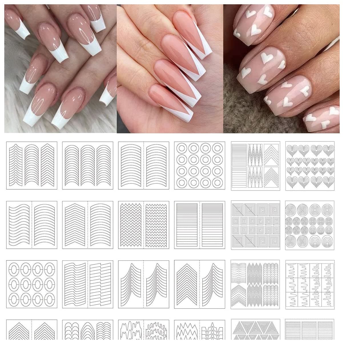TailaiMei 802 Pieces 36 Designs Nail Stencils French Tip Guides, Nail Art Stickers Form Fringe Guides Vinyl, 24 Sheets