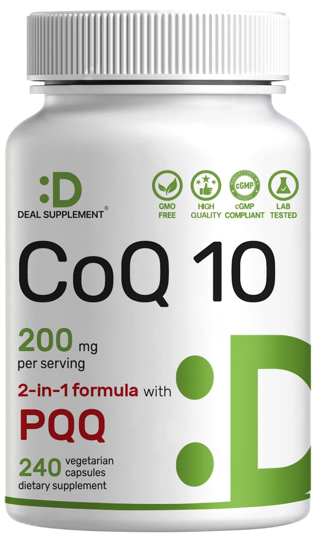DEAL SUPPLEMENT CoQ10 200mg & PQQ 200mcg, 240 Veggie Capsules – 2 in 1 Coenzyme Q10 Supplement for Better Absorption – Antioxidant Support for Energy, Brain, & Heart Health – Non-GMO