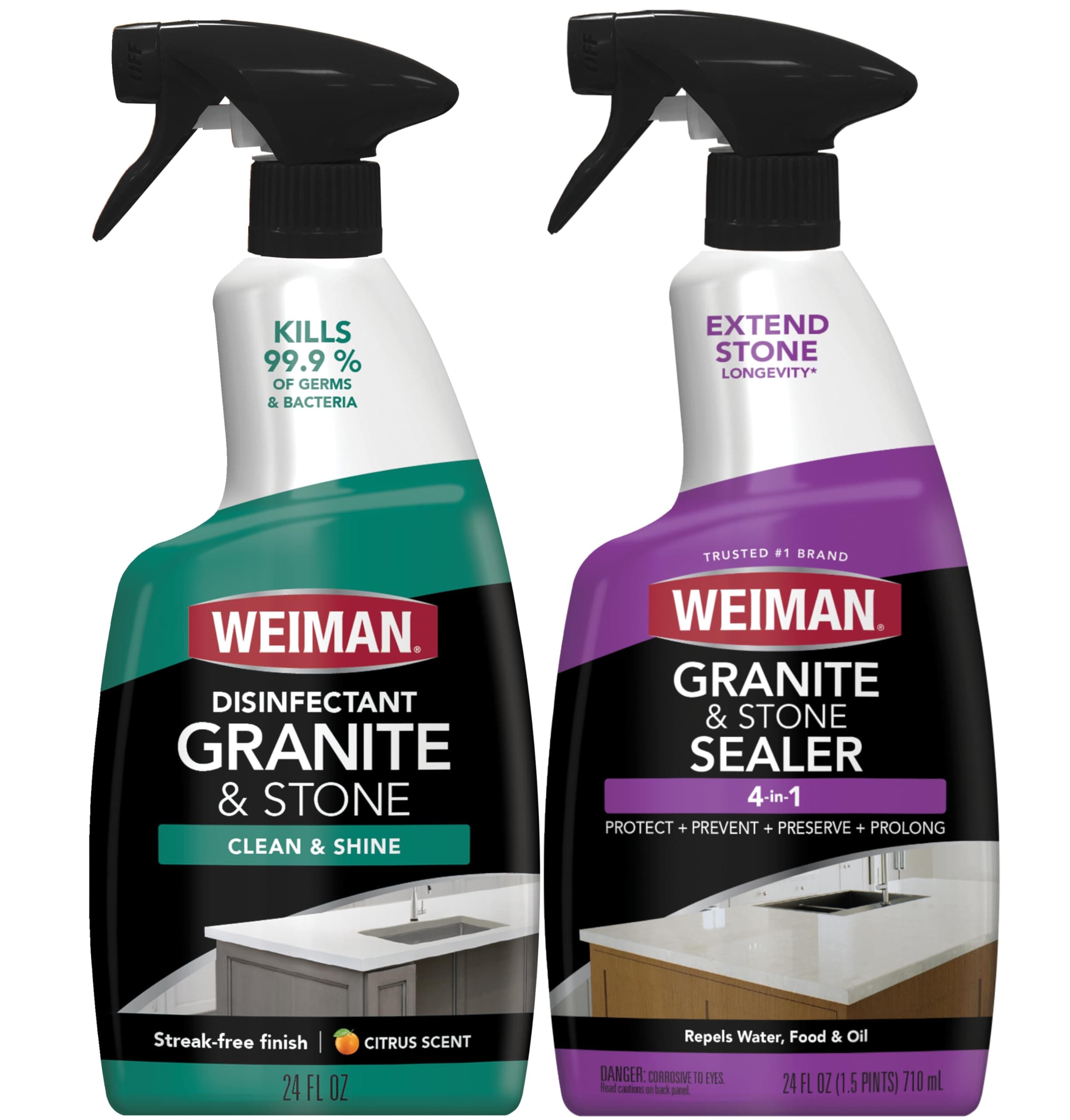 Weiman Disinfecting Granite & Stone Daily Cleaner and Sealer Kit - For Granite, Marble, Quartz, Quartzite, Slate - 24 oz Daily Kitchen Countertop Cleaner, 24 oz Granite & Stone Sealer