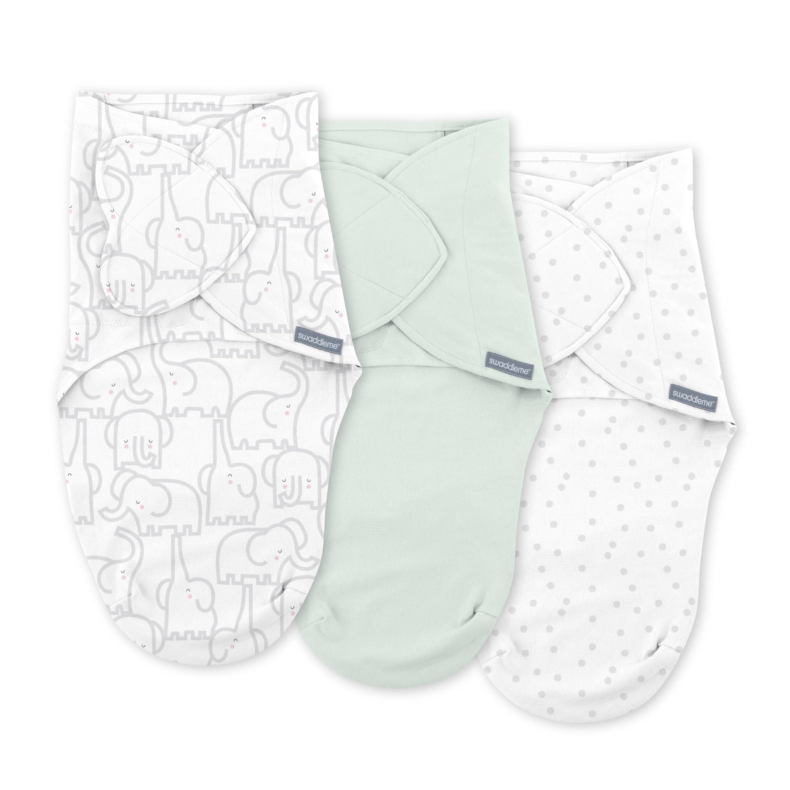 by Ingenuity Monogram Collection Baby Swaddle, 100% Cotton, Improves Sleep & Calms Startle Reflex, 0-3 Months, Pocket Fold Design for Easy Changes, 1.0 TOG, 3-Pack - Elephant Dance