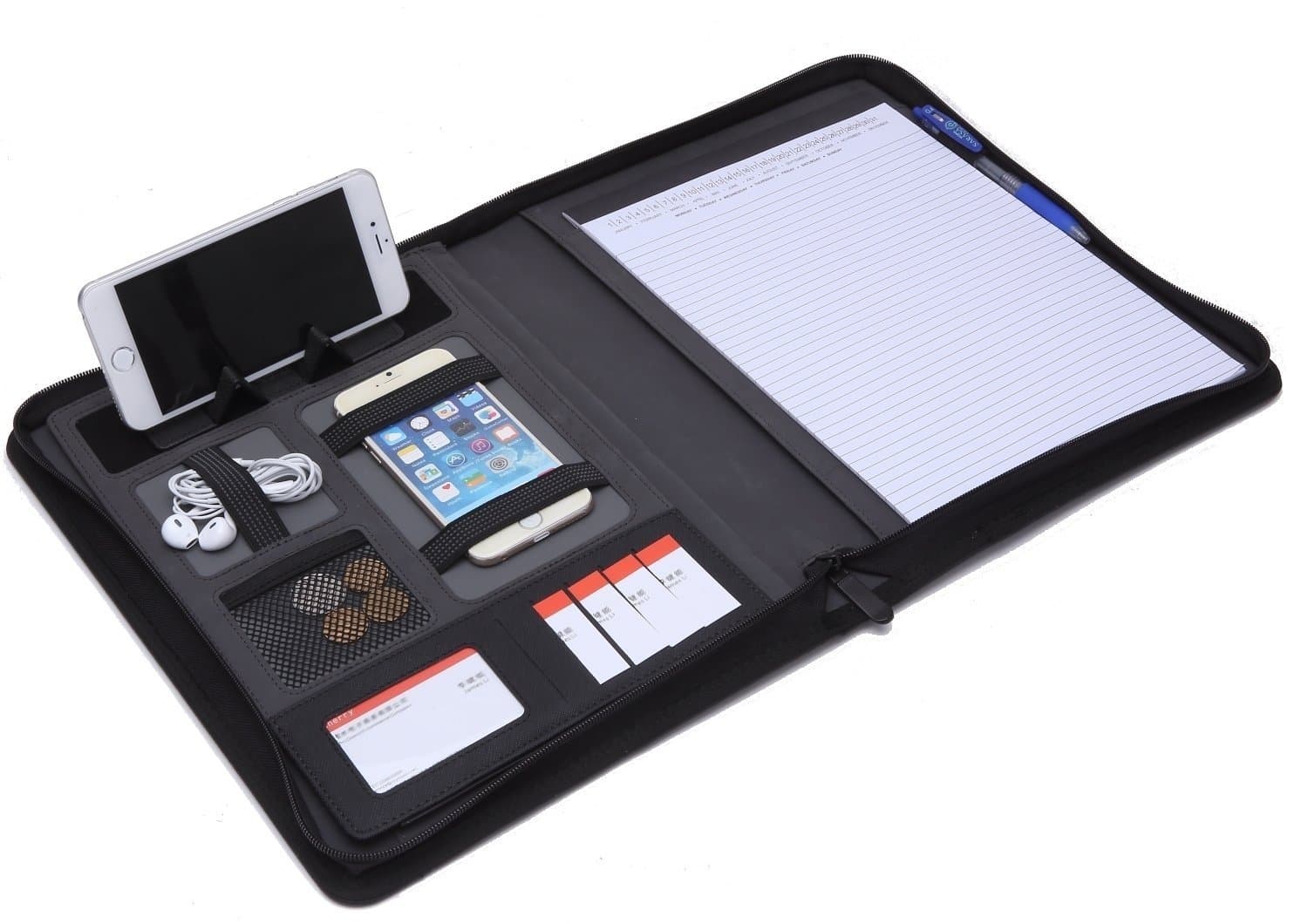 Portfolio Padfolio Leather Zippered Binder Business Portfolio Folder Interview Padfolio Tablet Stand Holder Phone Compact Organizer Case Conference Interview Office Organizer Travel (Black)