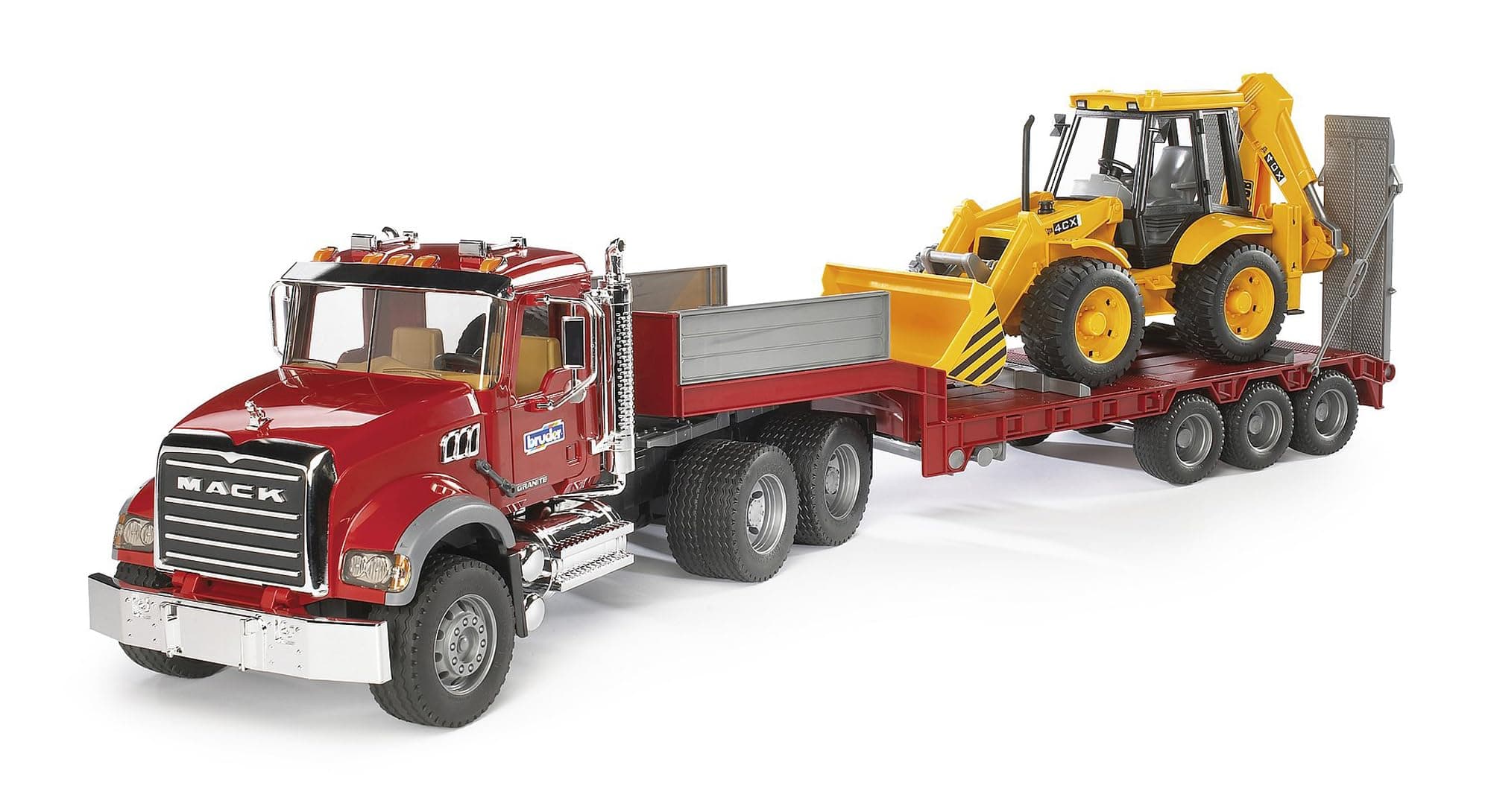 Toys 02813 Mack Granite Flatbed Truck with JCB Loader Backhoe