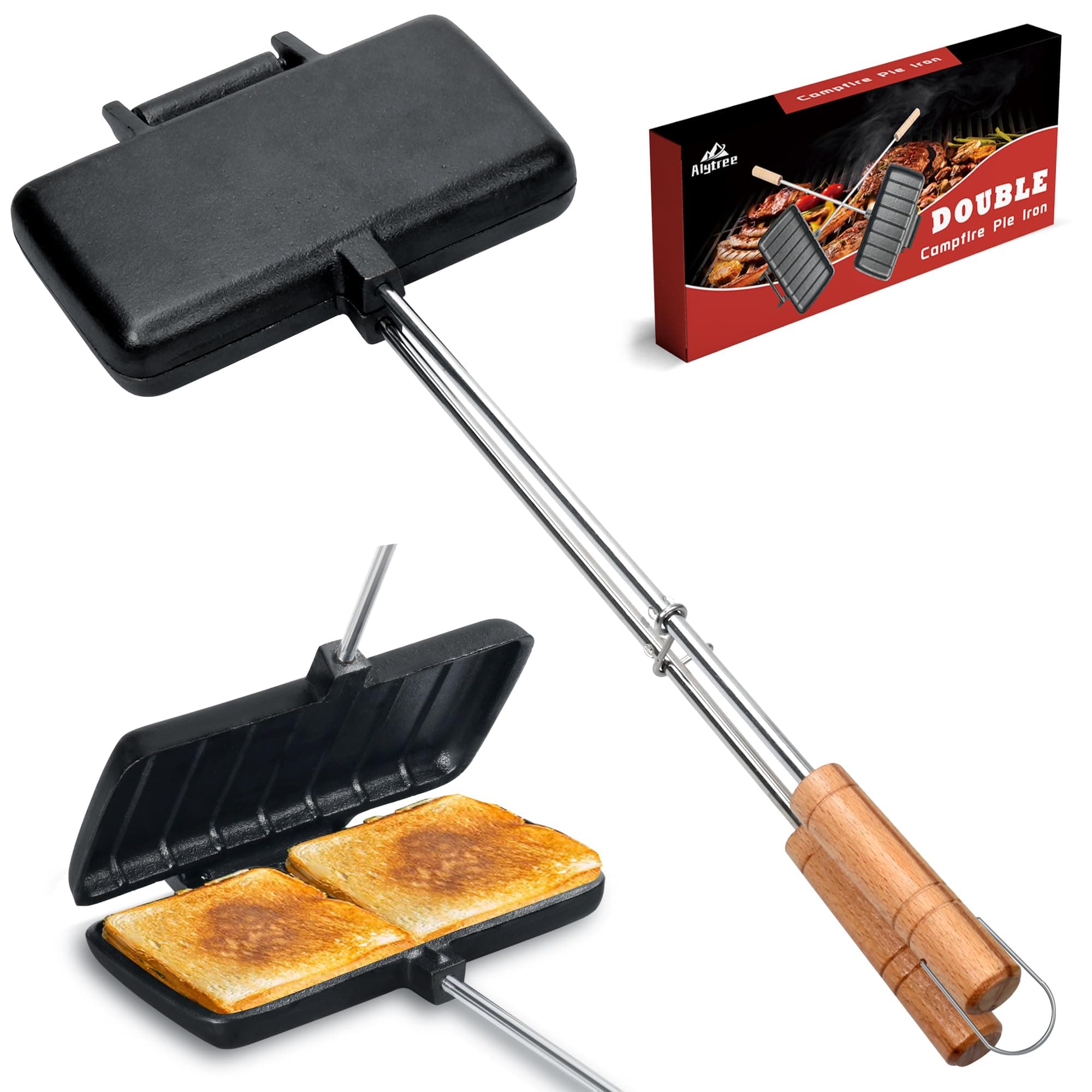 Double Pie Iron for Camping Cast Iron, Pre-seasoned Cast Iron Campfire Sandwich Maker, Mountain Pie Maker, Portable Campfire Cooking Equipment Camp Cooker