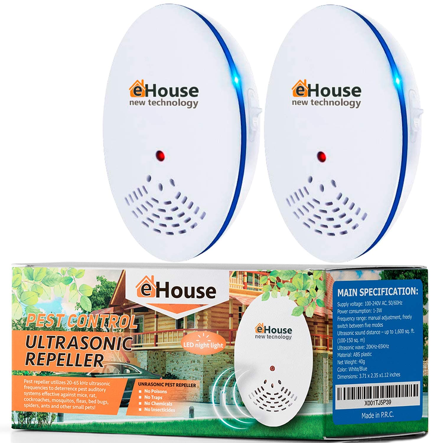 EHOUSE BH-1, Ultrasonic Pest Repeller - Electronic & Ultrasound, Indoor Plug-in Repellent - Get rid of - Rodents, Mice, Squirrels, Bats, Insects (Blue, 2 Pack)