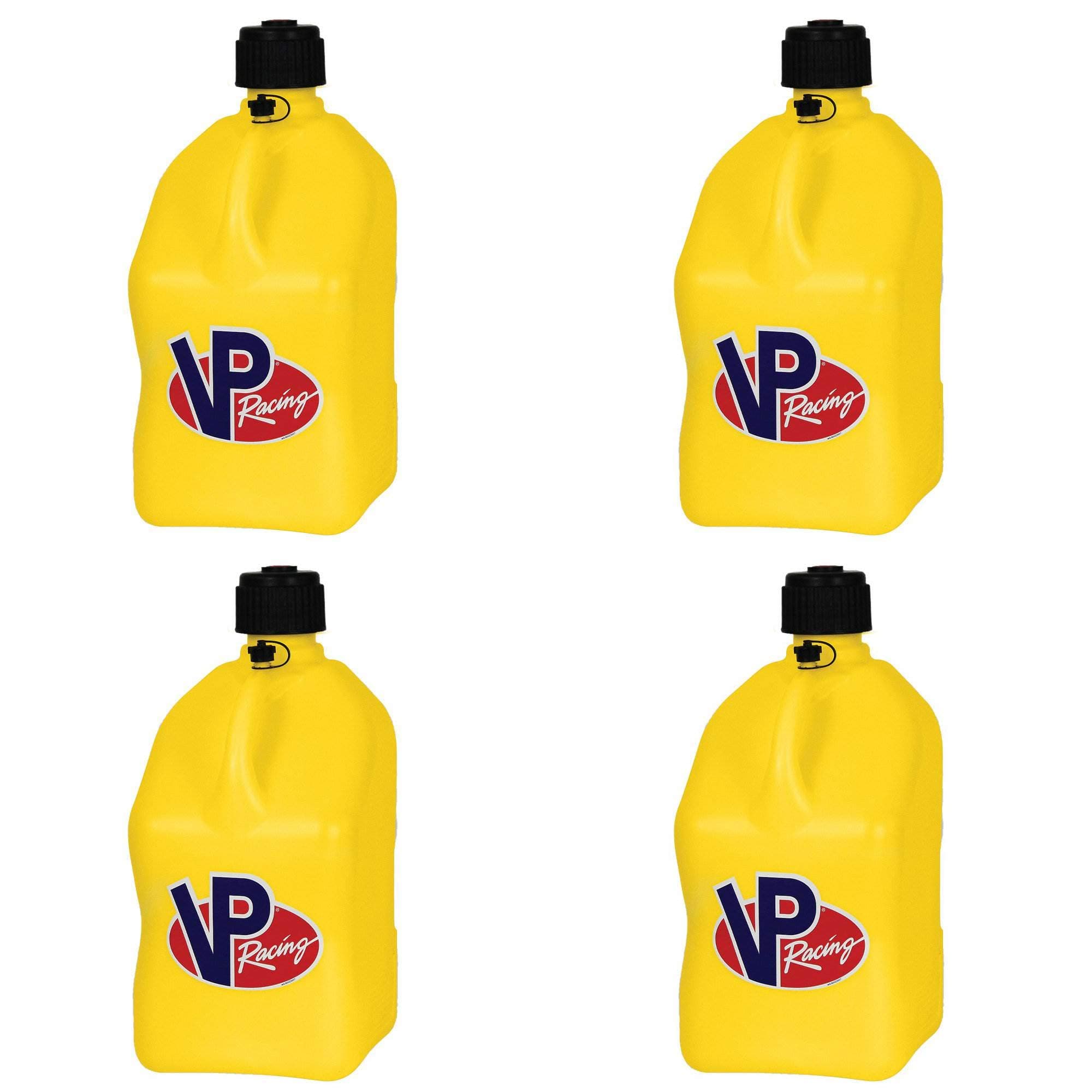 VP Racing Fuels Motorsport 5 Gallon Square Plastic Utility Jug Yellow (4 Pack). Close-Trimmed Cap and Neck for Tight Seal
