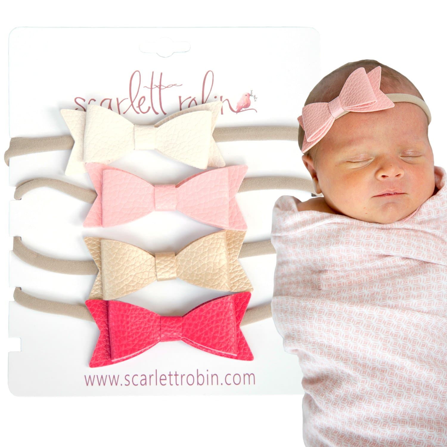 4 Baby Girl Hair Bows on Nylon Headbands | Leather"Pink Princess"| by Scarlett Robin