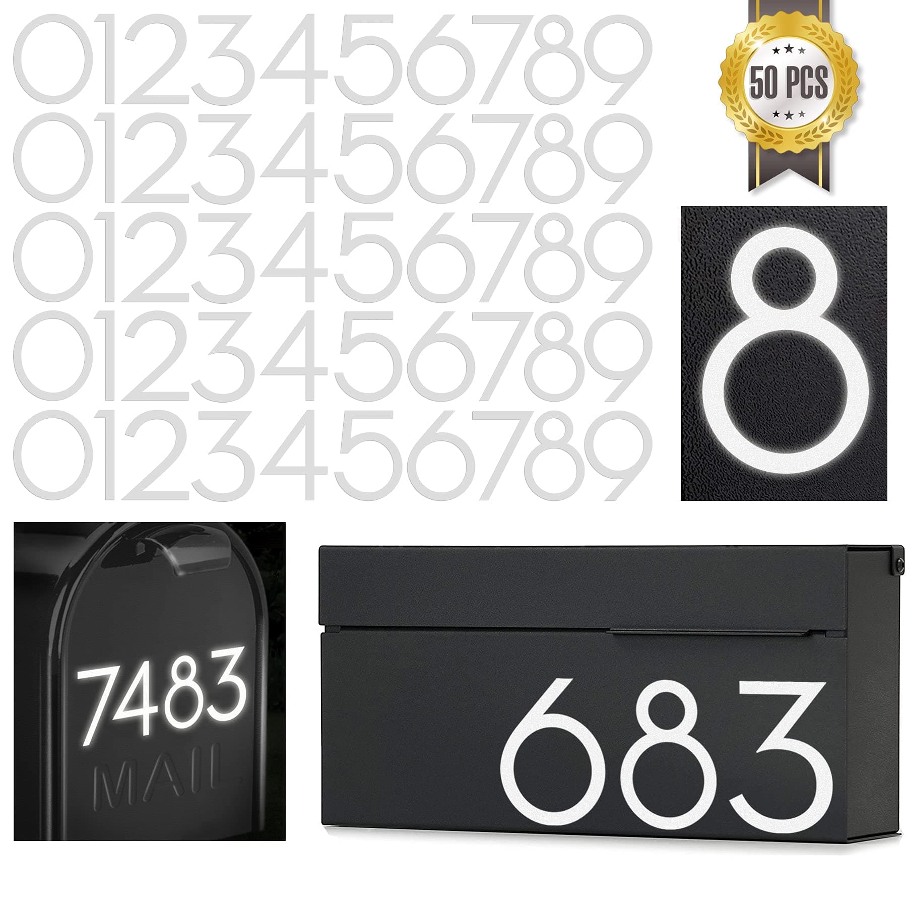 2 inch Reflective Mailbox Numbers Sticker (0-9, 5 Sets) Modern Number Vinyl Waterproof Number Self Adhesive Sticker for Signs, Door, Cars, Trucks, Home, Address Number