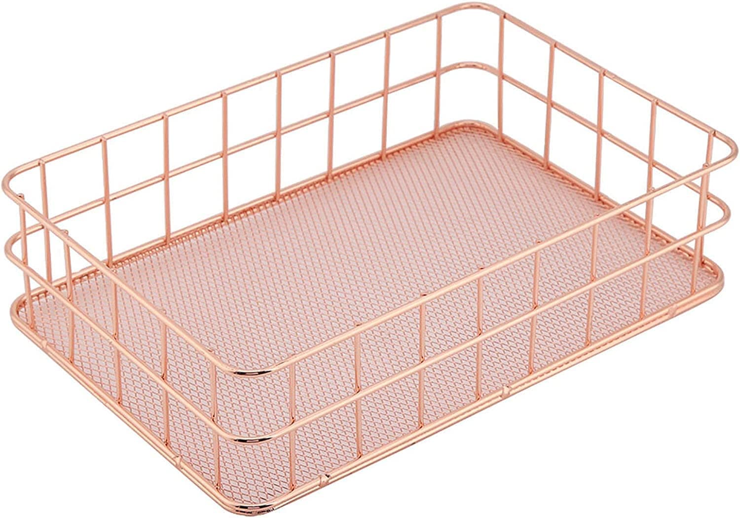 KiwilonMultipurpose Rectangle Metal Mesh Decorative Rose Gold Storage Basket Desk Organizer for Office and Home (24x17x6 CM)
