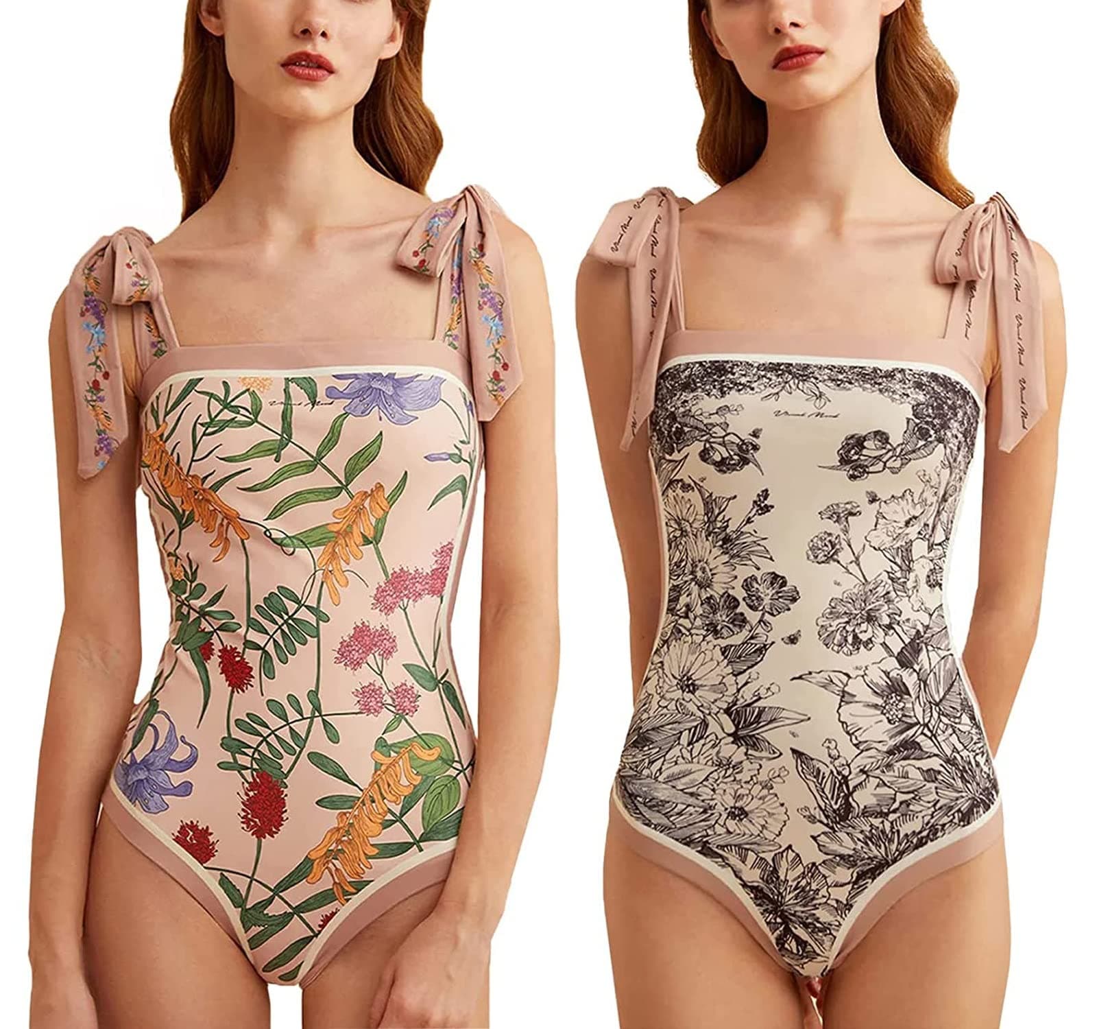 QBLITWomen Floral One Piece Swimsuits,Reversible Tie Shoulder Monokini,Tummy Control Bathing Suits,Square Neck Swimwear (Color : Light Pink, Size : Medium)