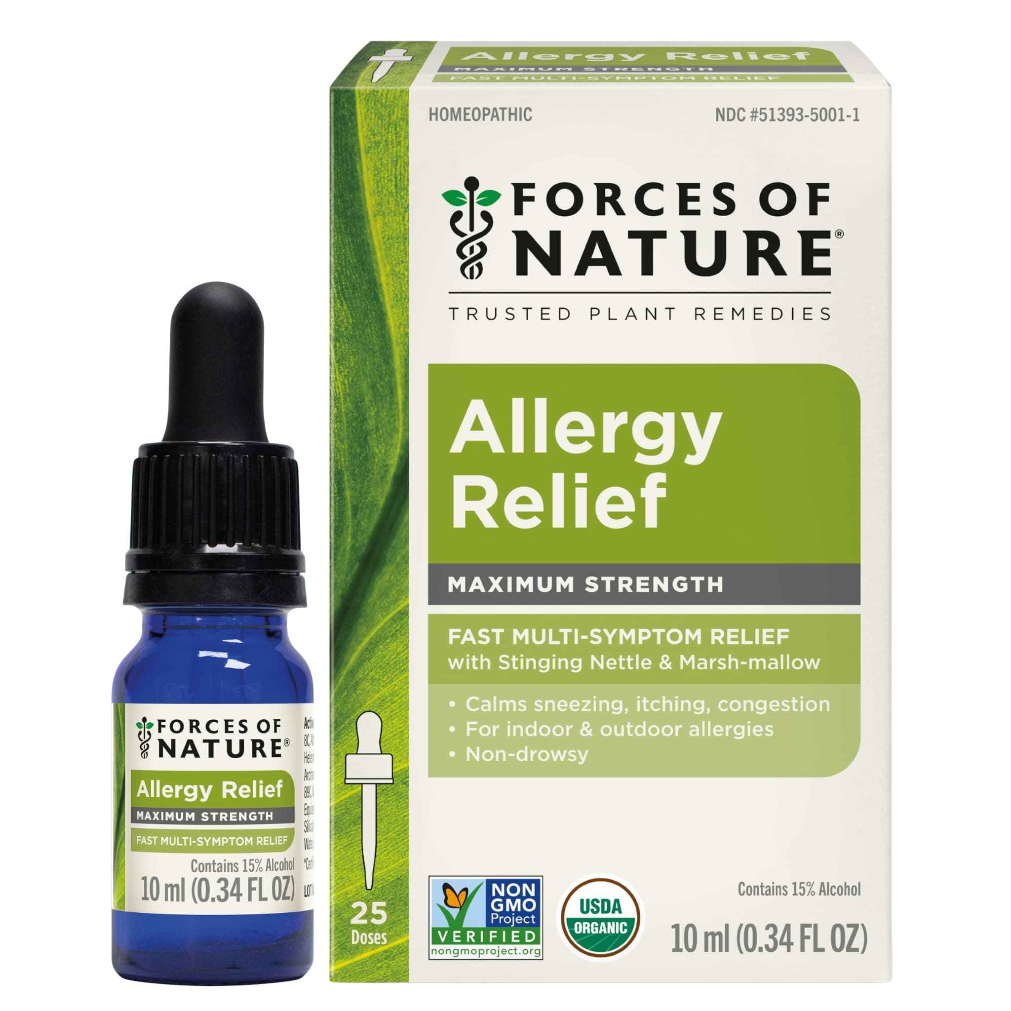 Forces of Nature Allergy Relief, Organic Maximum Strength Homeopathic Medicine, 0.34 Fl Oz, Immune Support & Multi Symptom Relief from Indoor & Outdoor Allergies, Runny Nose, Itchy Eyes, Non-Drowsy