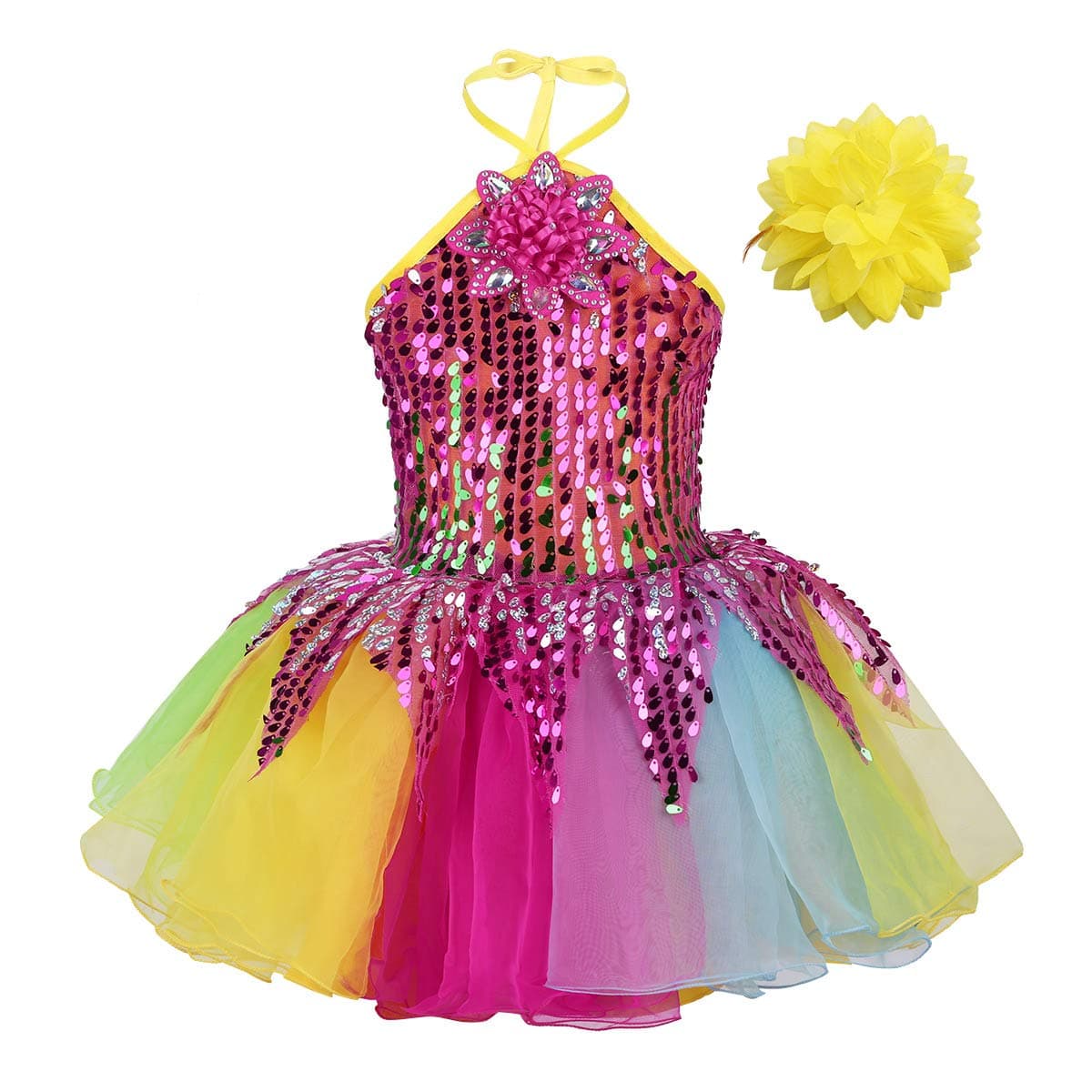 Aiihoo Girls Dancewear Outfit Halter Neck 3D Flower Sequins Rainbow Tutu Dress with Wristband Set Ballet Dance Costume