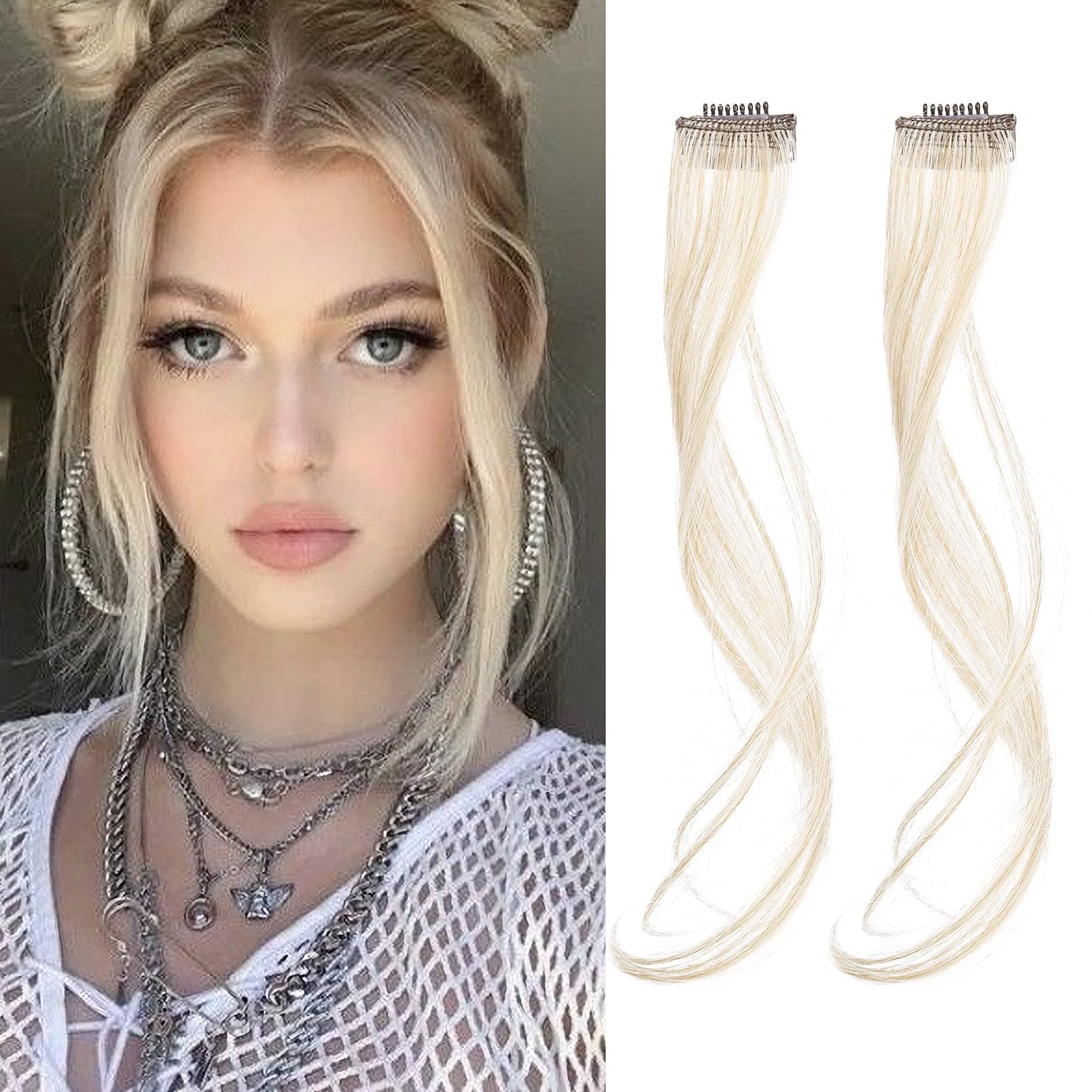 REECHOLong Side Air Bangs, Wavy Curly Clip in Bangs Front Side Bangs for Women Daily Use 2 PCS Set Long Temples-Cool Light Blonde