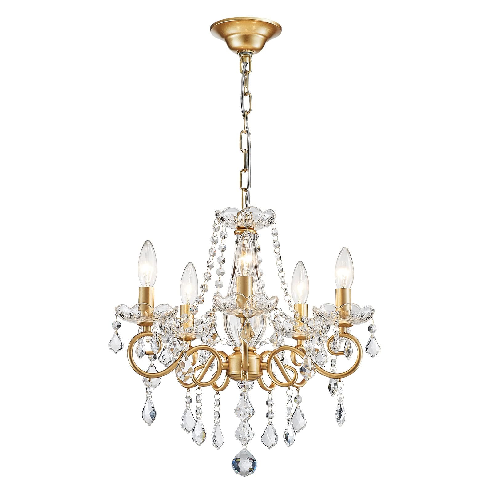 ANJIADENGSHI Mini Crystal Chandelier K9 Crystal Gold Chandelier for Living Room Bedroom Dining Room Kitchen Island Entryway 5 E12 Bulbs High 16.5 in x Diameter 16.9 in, Golden