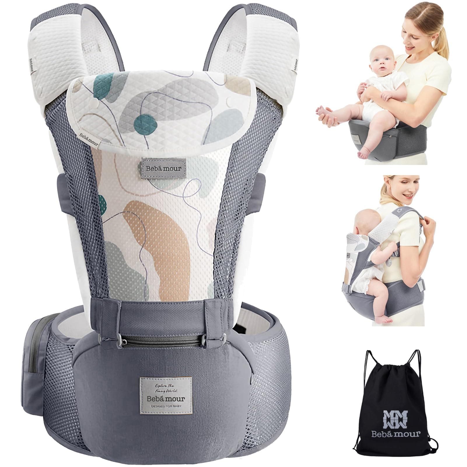 Bebear Baby Carrier Newborn to Toddler, Bebamour Baby Carrier Hipseat 0-36Months with Head Hood, 3 PCS Teething Pads, Waist Extender, Grey