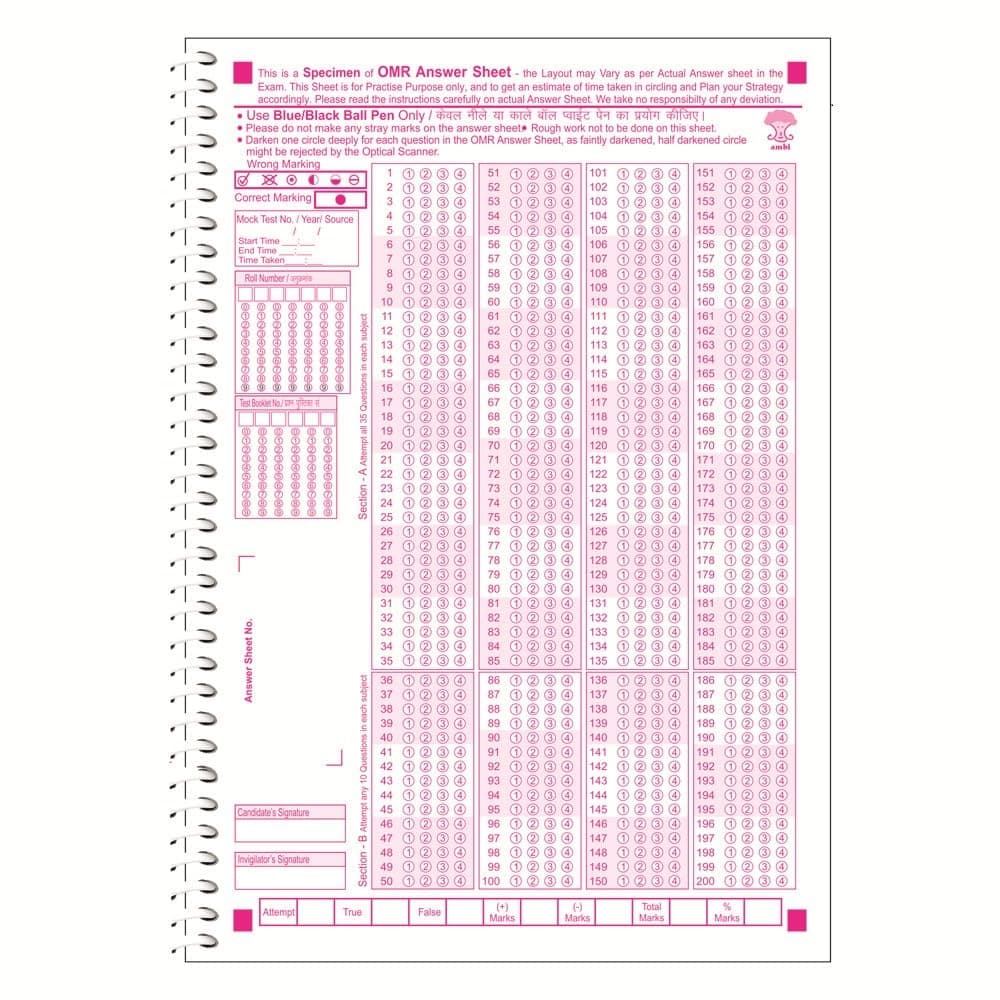 amblitz OMR Sheet For NEET | 200 MCQ | 50 Sheets to Practice in each Notebook | A4 Size | Pack of 2 | NEW PATTERN | Spiral Notebook |