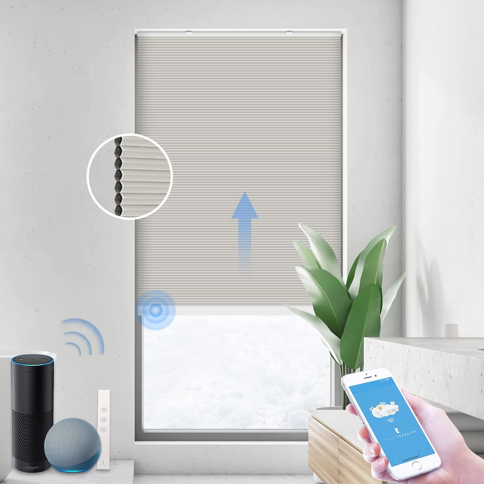 ZigBee Smart Blind, Motorized Blackout Window Shades with Remote, Cordless Honeycomb Blinds, Automatic Height Setting, AA Batteries Powered, 29" W x 72" H Beige/White
