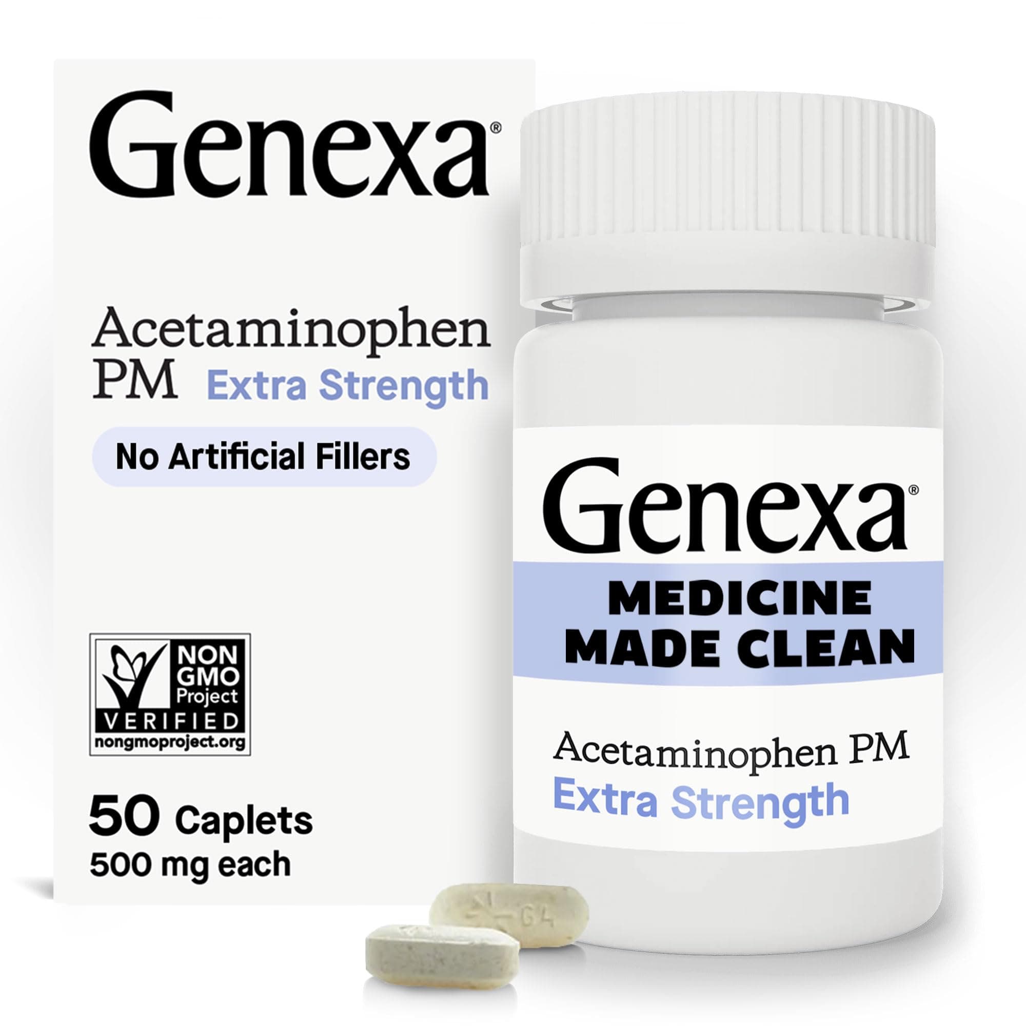 Genexa Clean Acetaminophen PM 500mg Extra Strength, Dye Free Pain Reliever, Nighttime Sleep Aid, Fever Reducer, 0% Artificial Additives, Relieves Headache, Backache, Minor Arthritis Pain, 50 Tablets