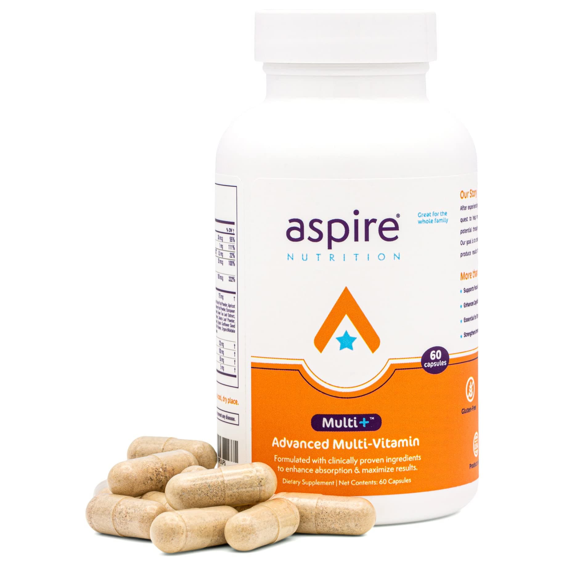 Aspire Multi+™ Advanced Multivitamin for Children, Men and Women (Flavored Capsule) - Best Supplement for Focus, Attention, Memory, Mood. More Absorbing Nutrients, Minerals & Vitamins - All Natural
