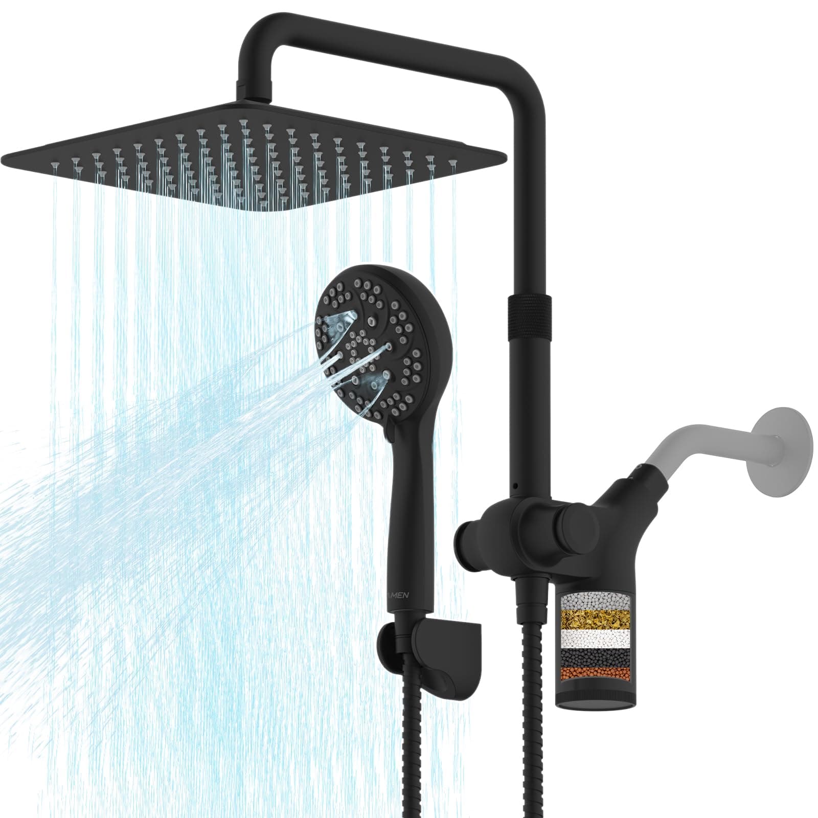 Upgraded Dual Shower Heads Combo, 10 inch Filtered Shower Head with Handheld, 3-Way Rain Shower Head with Filters, 7 Settings Handheld Spray, High Pressure, Height Adjustable (Black)