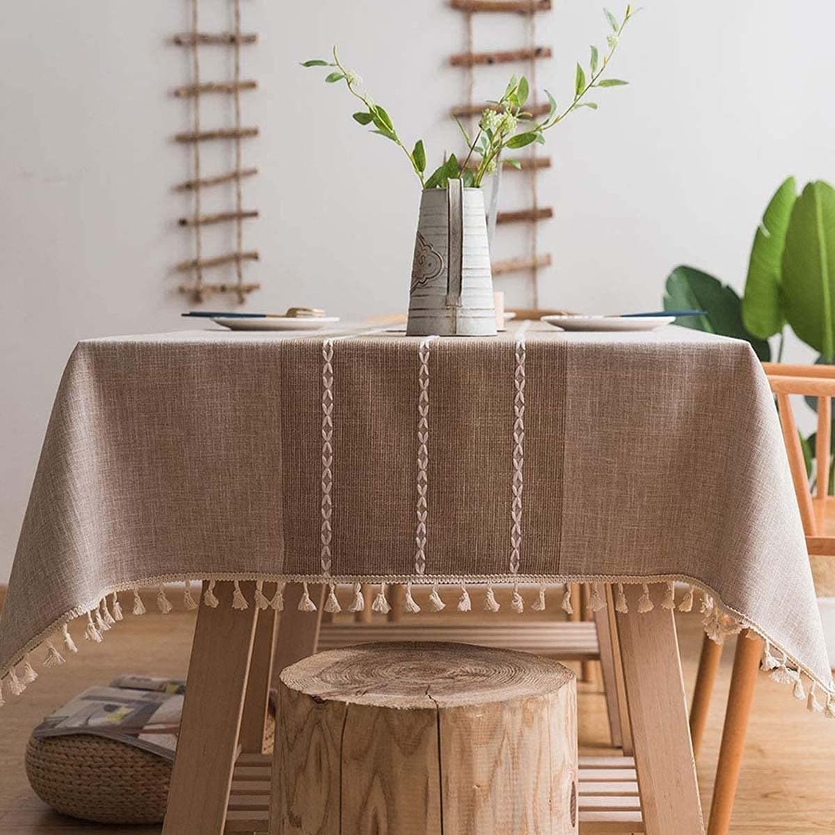 KASTWAVE Square Tablecloth Waterproof Embroidery Farmhouse Style- Dust-Proof Table Cover Heavy Duty Rustic with Embedded Table Runner Outdoor Table Cover Gingham Tablecloths 55x55 Coffee