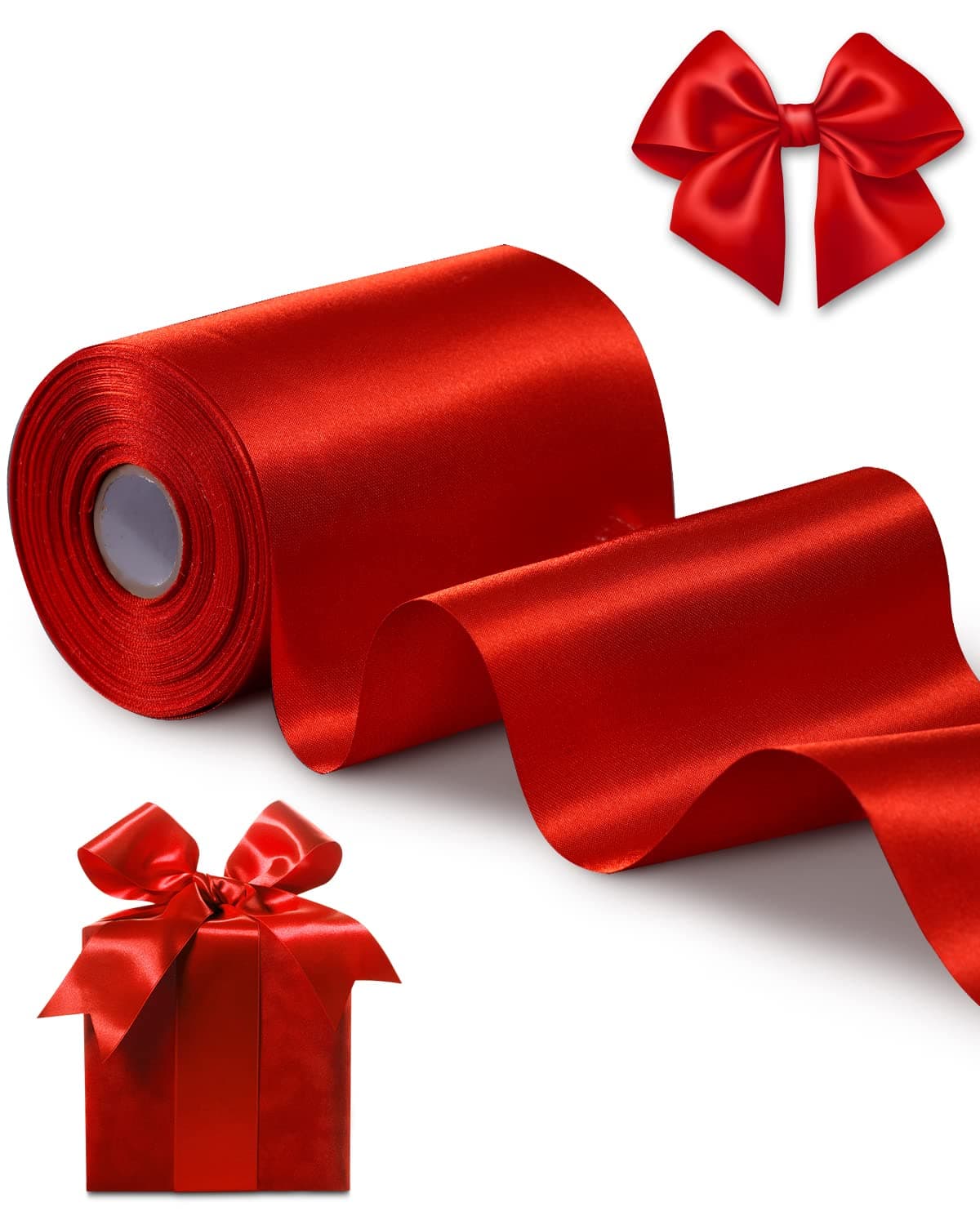 FAKILO Red Satin Ribbon 4 Inch x 22 yd Wide for Grand Opening Business Cuttings Ceremony Bow Christmas Festival Decor