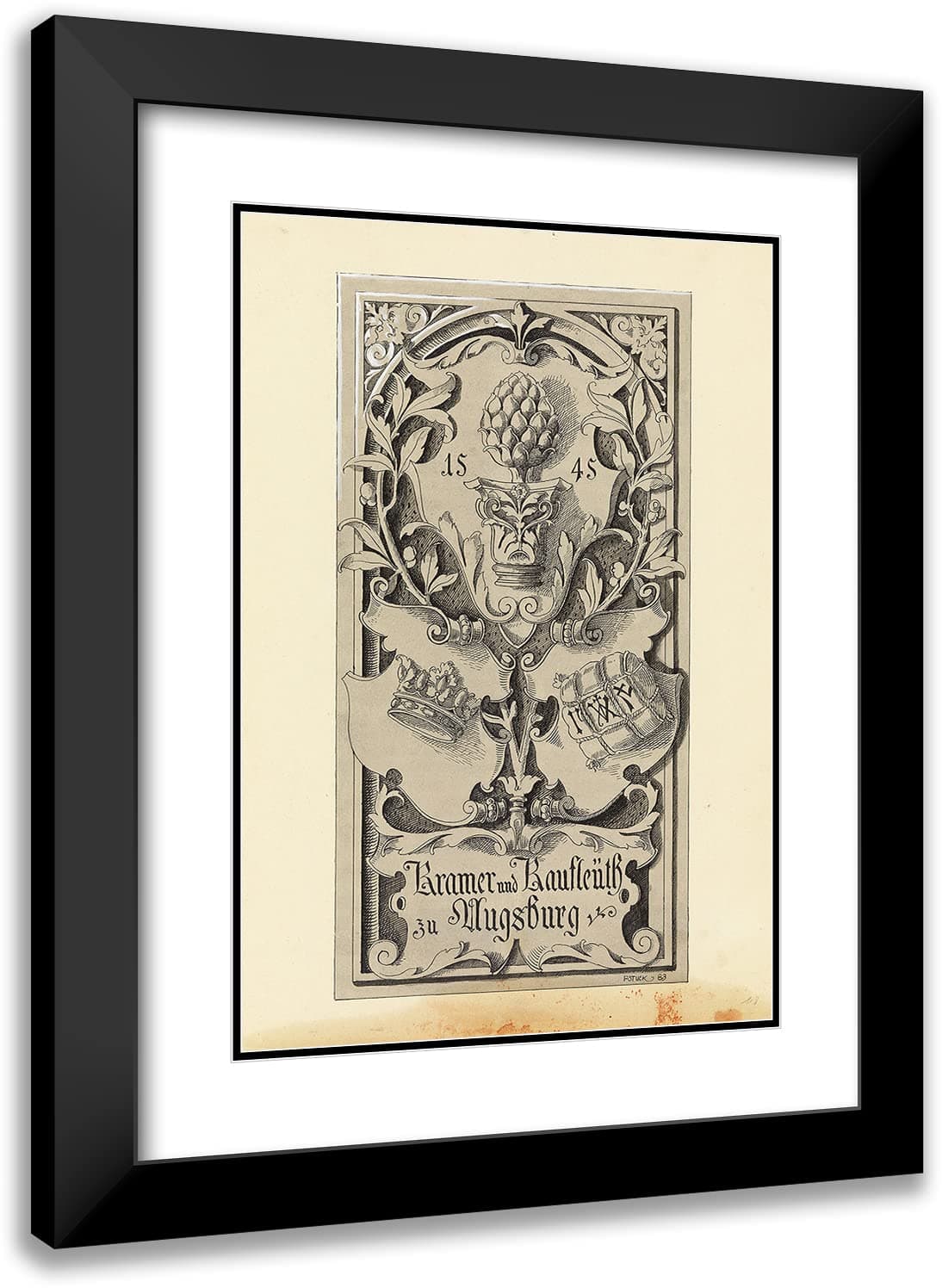 Franz von Stuck 14x18 Black Modern Frame and Double Matted Museum Art Print Titled - Kramer and Kaufleuth Zu Augsburg, Template Drawing for 'Allegories and Emblems' (1883)