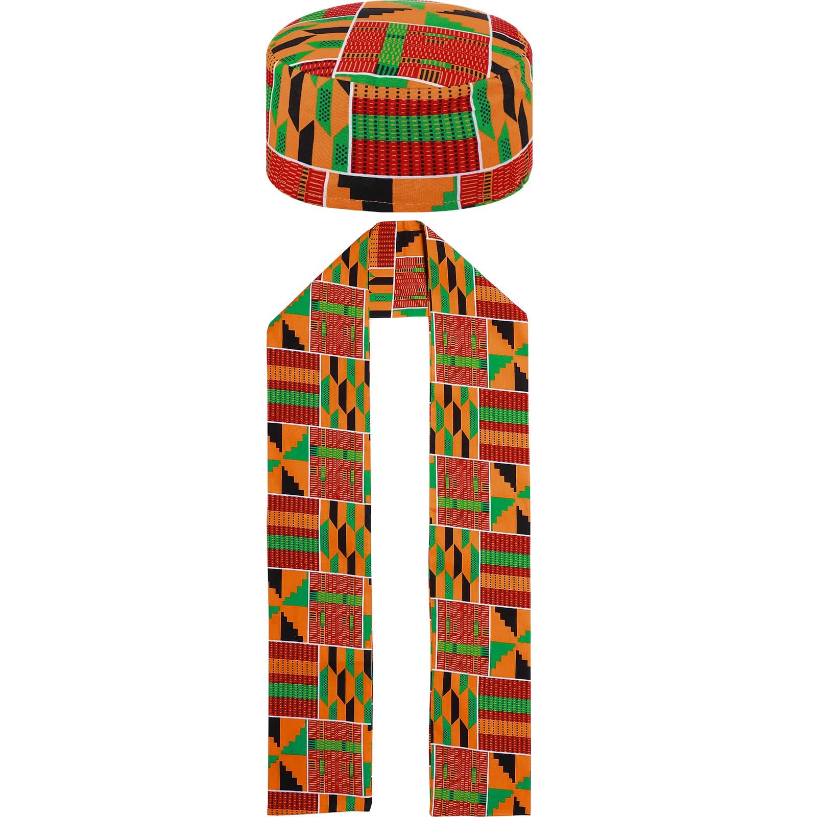 2 Pcs African Kente Pattern Kufi Men Hat and Kente African Stole Sash for Black History