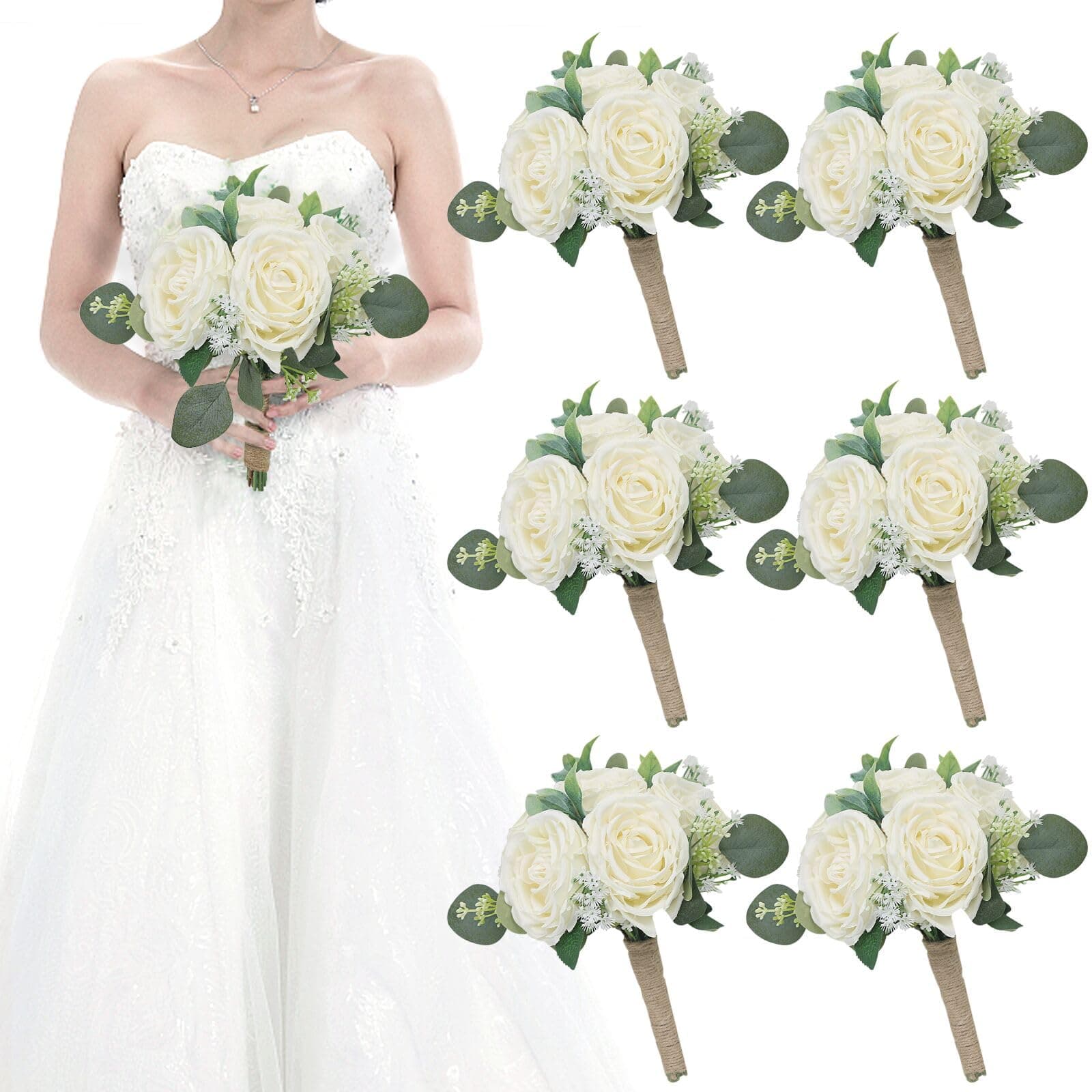 Set of 6 Wedding Bridesmaid Bouquets - 7 Inch Ivory Artificial Flowers Bouquets for Ceremony Anniversary Centerpieces Decorations