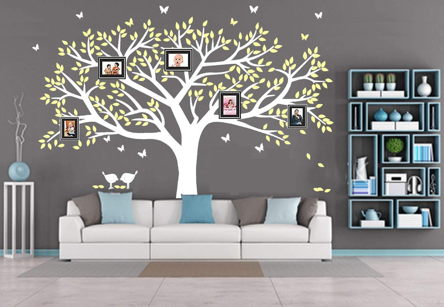 LSKOO Family Photo Frame Tree Wall Decals Family Tree Decal Living Room Home Decor (108" wide x 84" tall) (White+yellow)