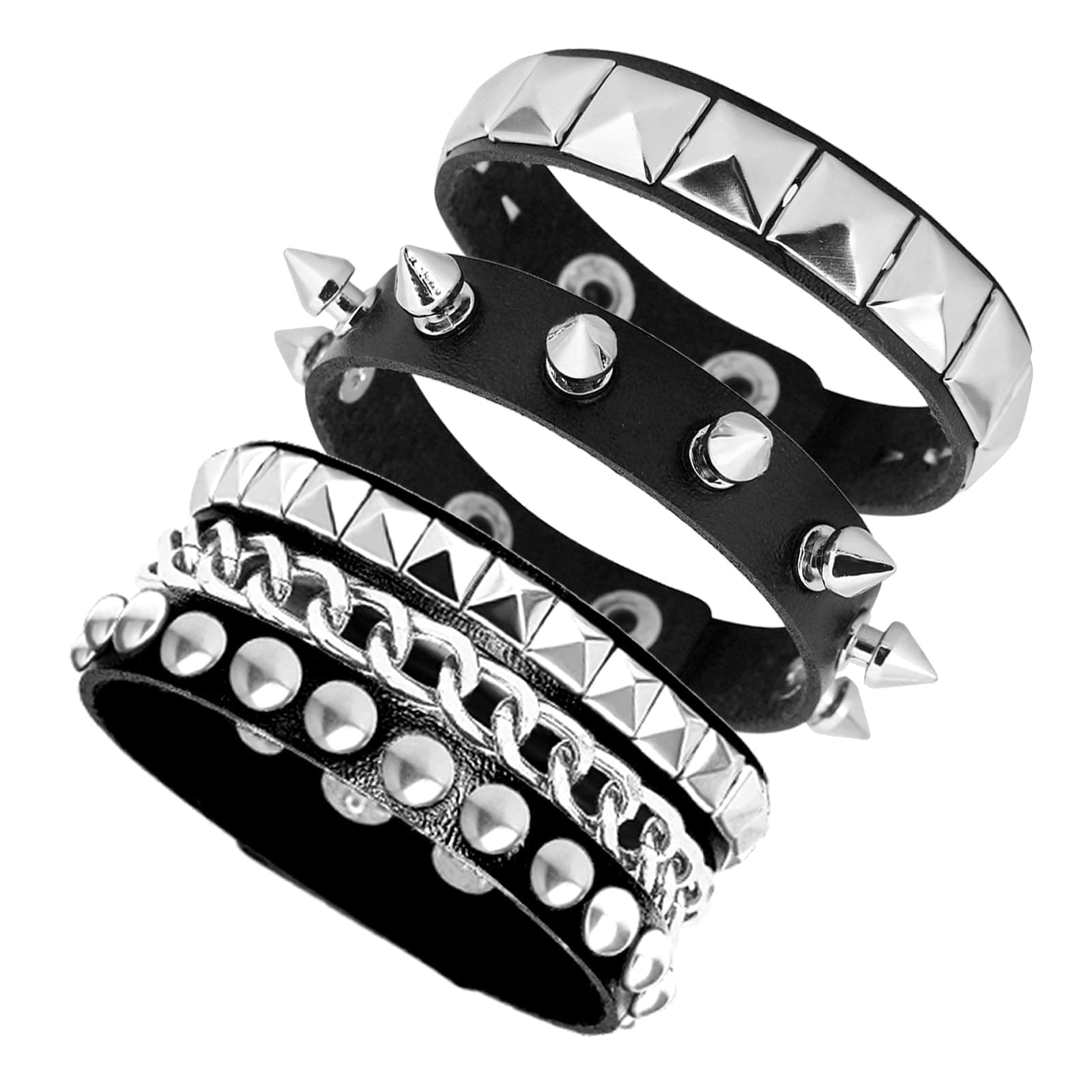 3 Pieces Punk Rock Leather Bracelets for Women Pop 80s 90s Emo Jewelry Accessories Retro Spiked Adjustable Wrap Wrist Cuffs, no gemstone