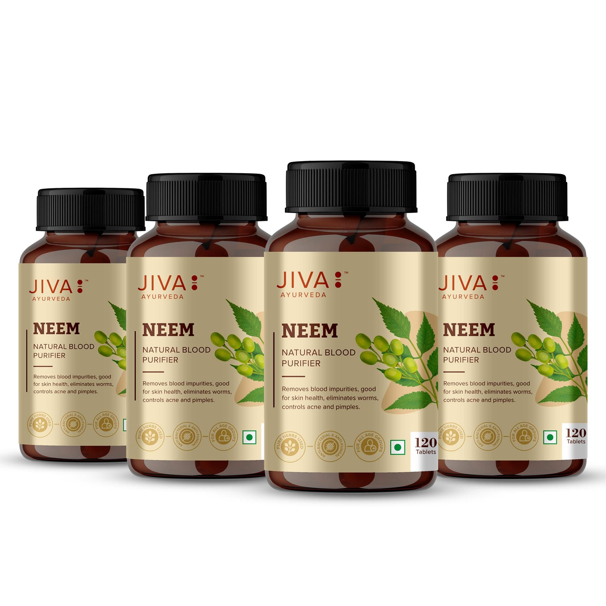 Jiva Ayurveda Neem Tablets 500mg 480 Tablet | Helps to Remove Impurities, Good For Skin | Helps To Control Acne & Pimples - 120 Tablet (Pack of 4)