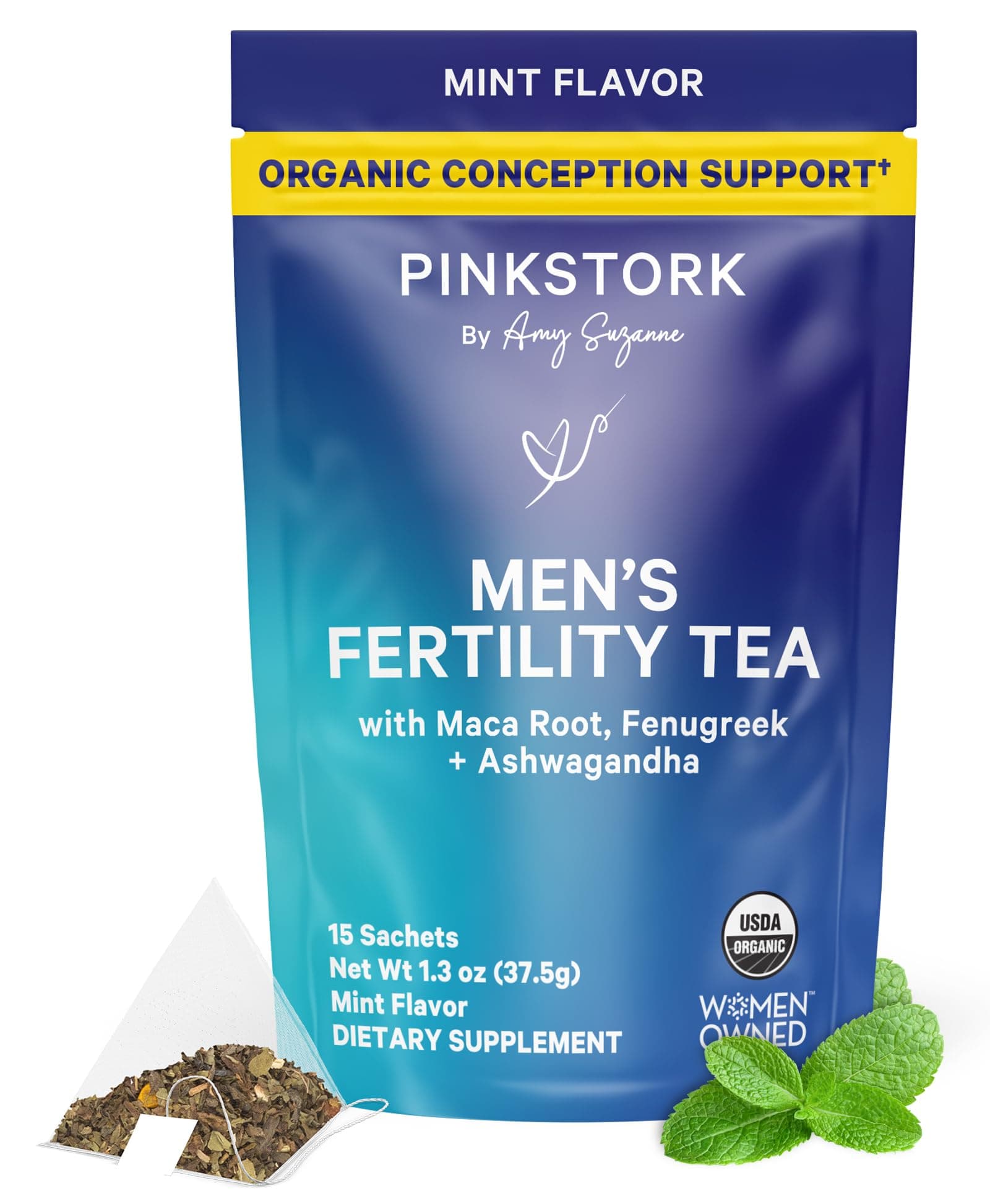 BlueStork Men's Fertility Tea: Organic Fertility Supplements for Men, Green Tea, Maca Root, and Ginkgo Biloba for Male Reproductive Health, Mint, 15 Sachets