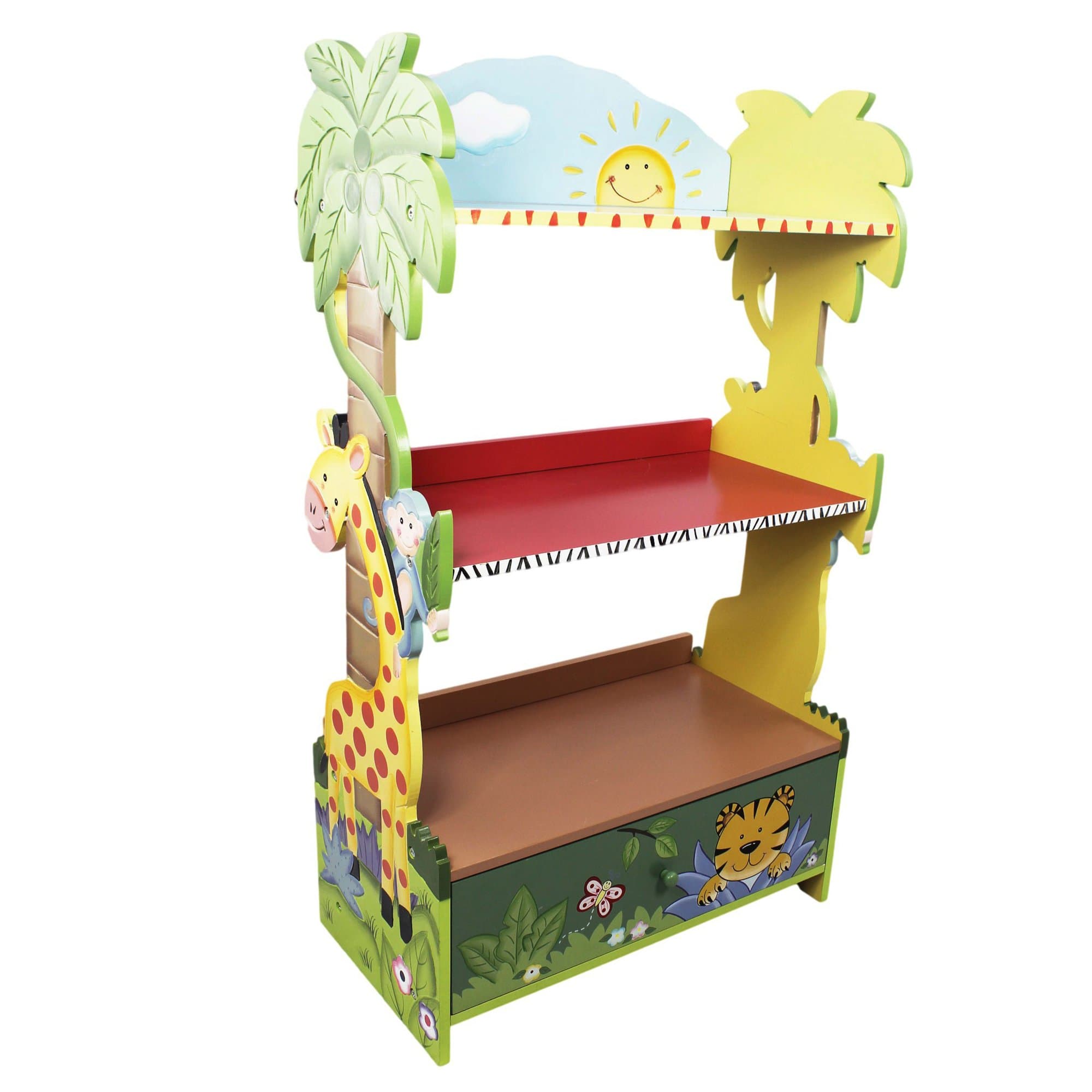 Fantasy Fields Sunny Safari Large Kids Bookshelf, Wooden Bookcase, 3 Tier Bookshelf with Drawers, Book and Toy Organiser, Children's Storage