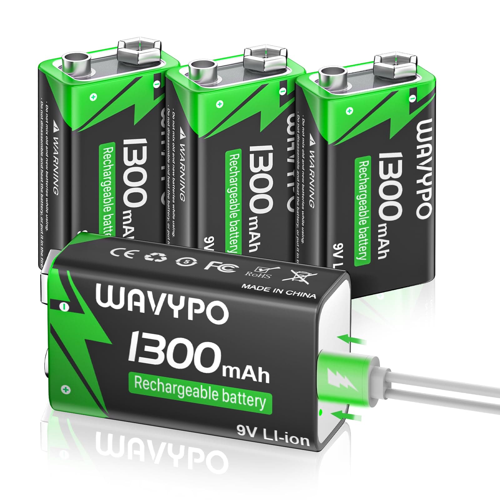 1300mAh Rechargeable 9V Batteries,9 Volt Lithium-ion Batteries Long Lasting with 2-in-1 USB-C Fast Charging Cable, for Smoke Detector Alarms, Microphone, Toys, Walkie-Talkies,4-Pack