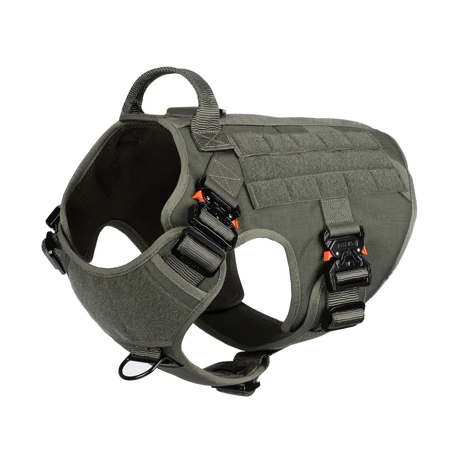 ICEFANG Tactical Dog Harness with 4X Metal Buckle,Working Dog MOLLE K9 Vest with Handle,No Pulling Front Clip,Adjustable Pet Harness for Large Dogs (L (28"-35" Chest), Green)