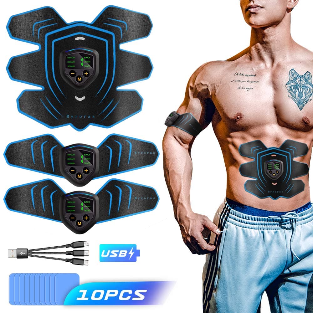 Byroras Muscle Stimulator, ABS Trainer Abdominal Belt, EMS Muscle toner, USB Rechargeable, LCD Display, 10 Replacement Gel Pads, Home Workout Fitness Device for Men & Women