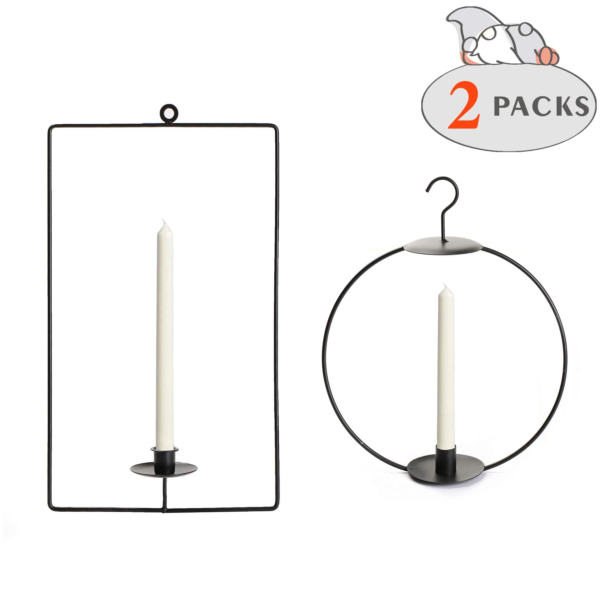 ITOMTE Swedish Scandinavian Design, Black Iron Hanging Candle Holder, Geometric Circle/Rectangle Candelabra Candlestick, Home Decor, Winter Wall Ornament, Christmas Decorations, 2 Packs