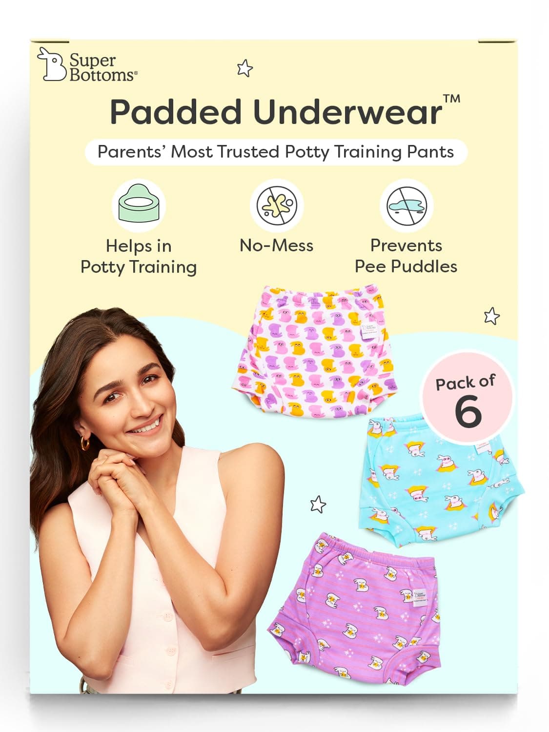 superbottoms Padded Underwear for Babies & Toddlers, 3 Layers of Premium Cotton & DryFeel Layer, Ideal for Diaper-Free Time & Mess-Free Potty Training Pants, Pack of 6