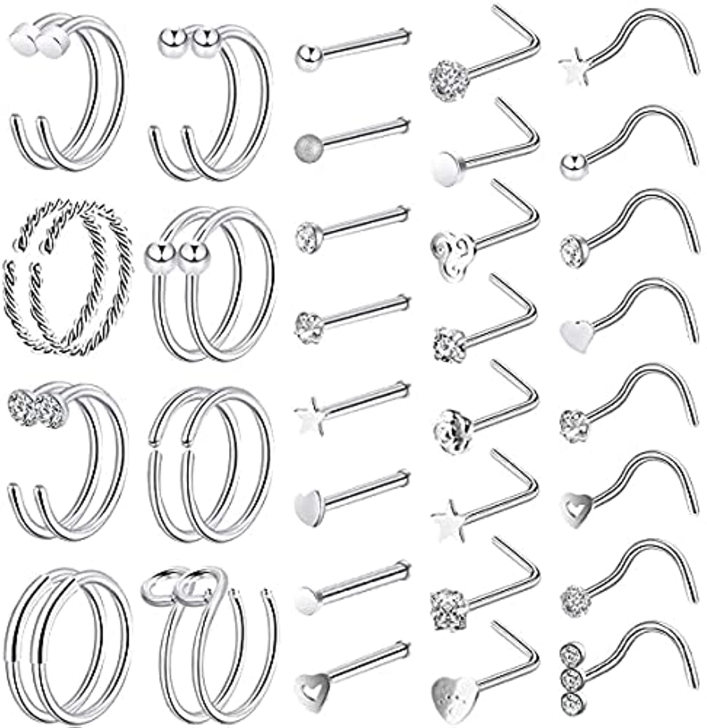 Tomovely40 Pieces of Women's Nose Rings, Perforated Silver Nasal Septum, Nose Nails, Screws, 316L Surgical Stainless Steel Spiral Bolts to Create Products Suitable for Male and Female Dance Parties