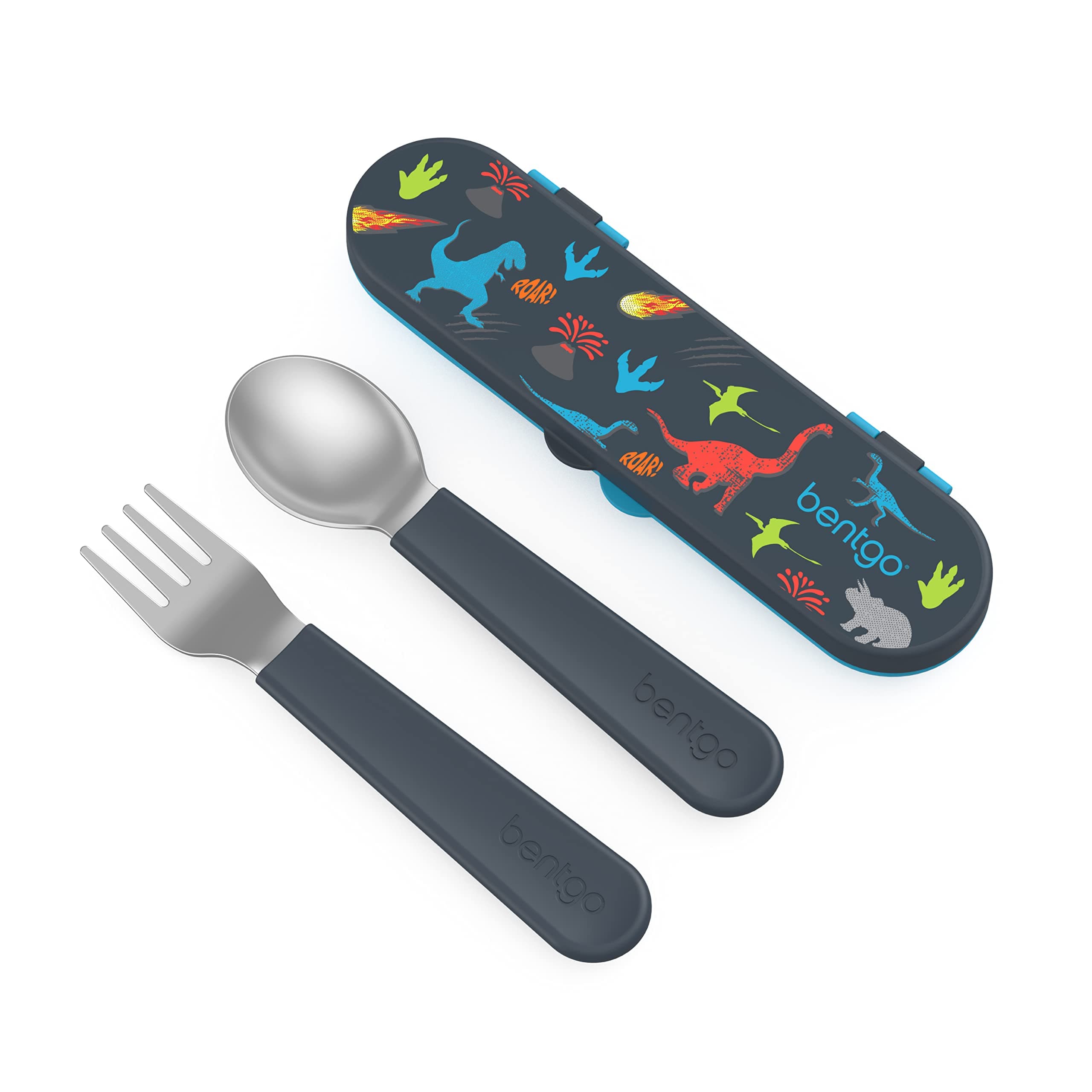Bentgo Kids Stainless Steel Utensil Set - Reusable Fork, Spoon & Storage Case - High-Grade BPA-Free Stainless Steel, Easy-Grip Handles, Dishwasher Safe for School Lunch, Travel & Outdoors (Dinosaur)